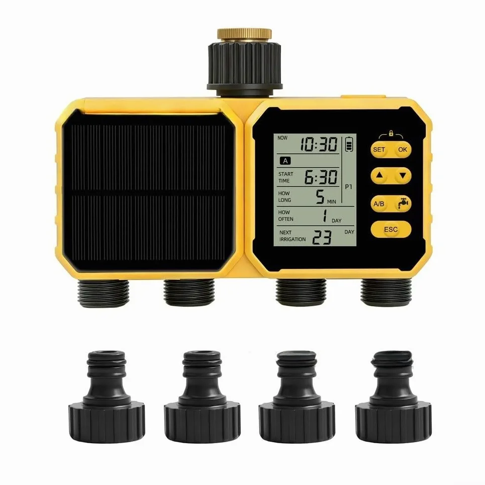 Sistema de riego automático, temporizador de aspersor de 4 canales, alimentado por energía solar, controlador programable de riego de jardín con respaldo USB, temporizador de grifo para exteriores