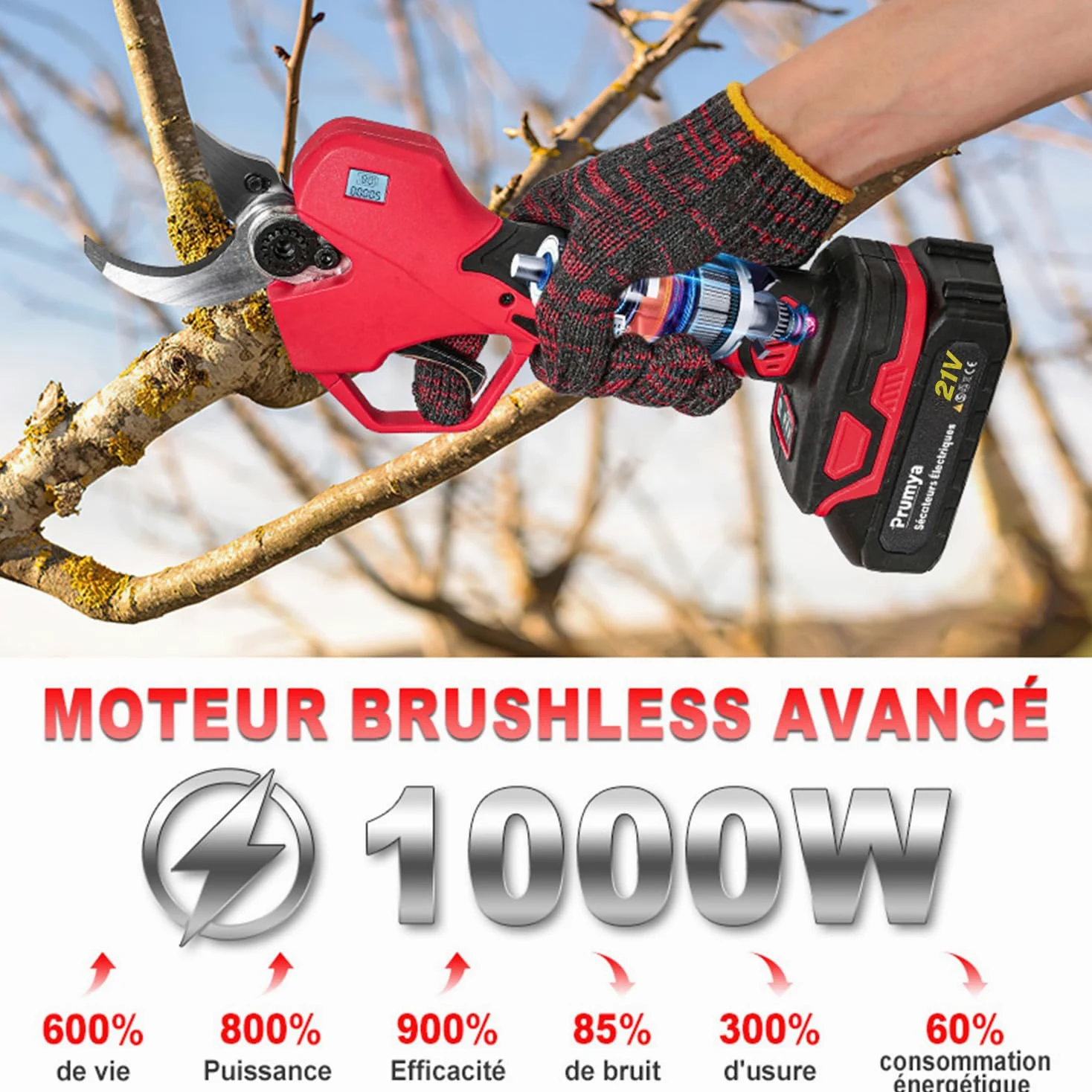 Tijeras eléctricas inalámbricas de 50 mm, podadoras eléctricas de 21 V con 2 baterías, 1000 W, motor sin escobillas, podadoras de batería adecuadas para podar, jardinería, árboles frutales