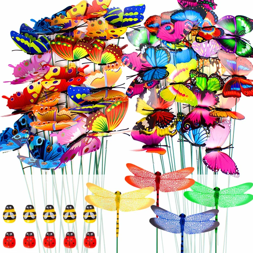 SNAILGARDEN Juego de 60 Estacas de Mariposas de Jardín, Mariposas, Libélulas, Adornos de Mariquita en Palos, para Decoración de Patio, Fiesta, Césped