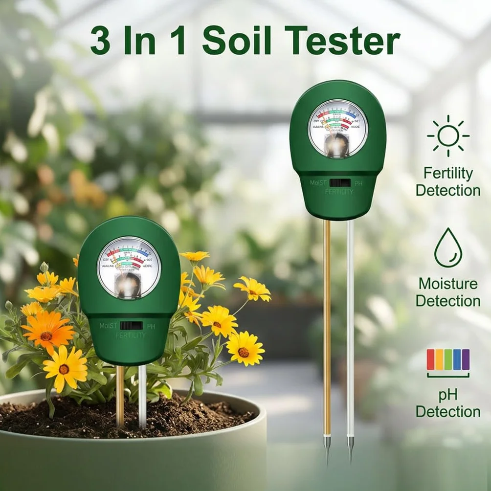 Medidor Humedad Plantas 3 en 1, Medidor pH Tierra Digital, Higrómetro Suelo Profesional para Test pH Suelo, Temperatura y Luz en Jardín, Césped y Macetas,no requiere pilas