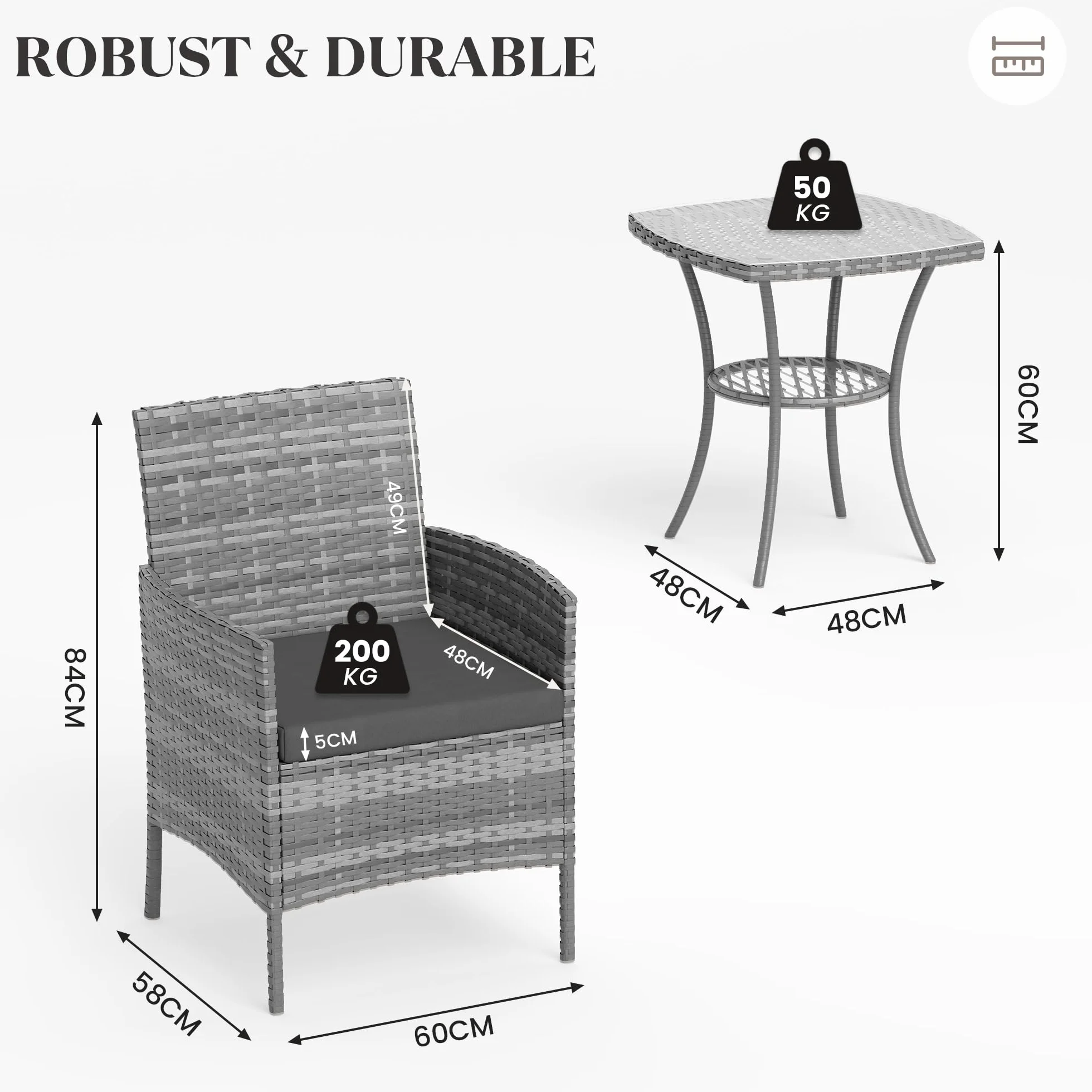 Amopatio Conjunto Muebles Jardín Ratán 3 Piezas, 2 Sillones con Cojines y Mesa de Centro, Sofá Exterior Terraza con Vidrio Templado, para Terraza, Patio y Balcón Colores: Gris