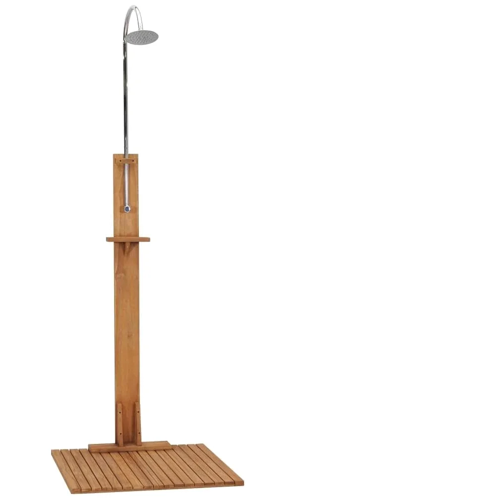 Ducha de jardín de madera maciza de teca 75 x 75 x 210 cm con tubo de acero inoxidable, base antideslizante, estante, adecuada para jardín, piscina, jacuzzi, piscina, spa, jacuzzi