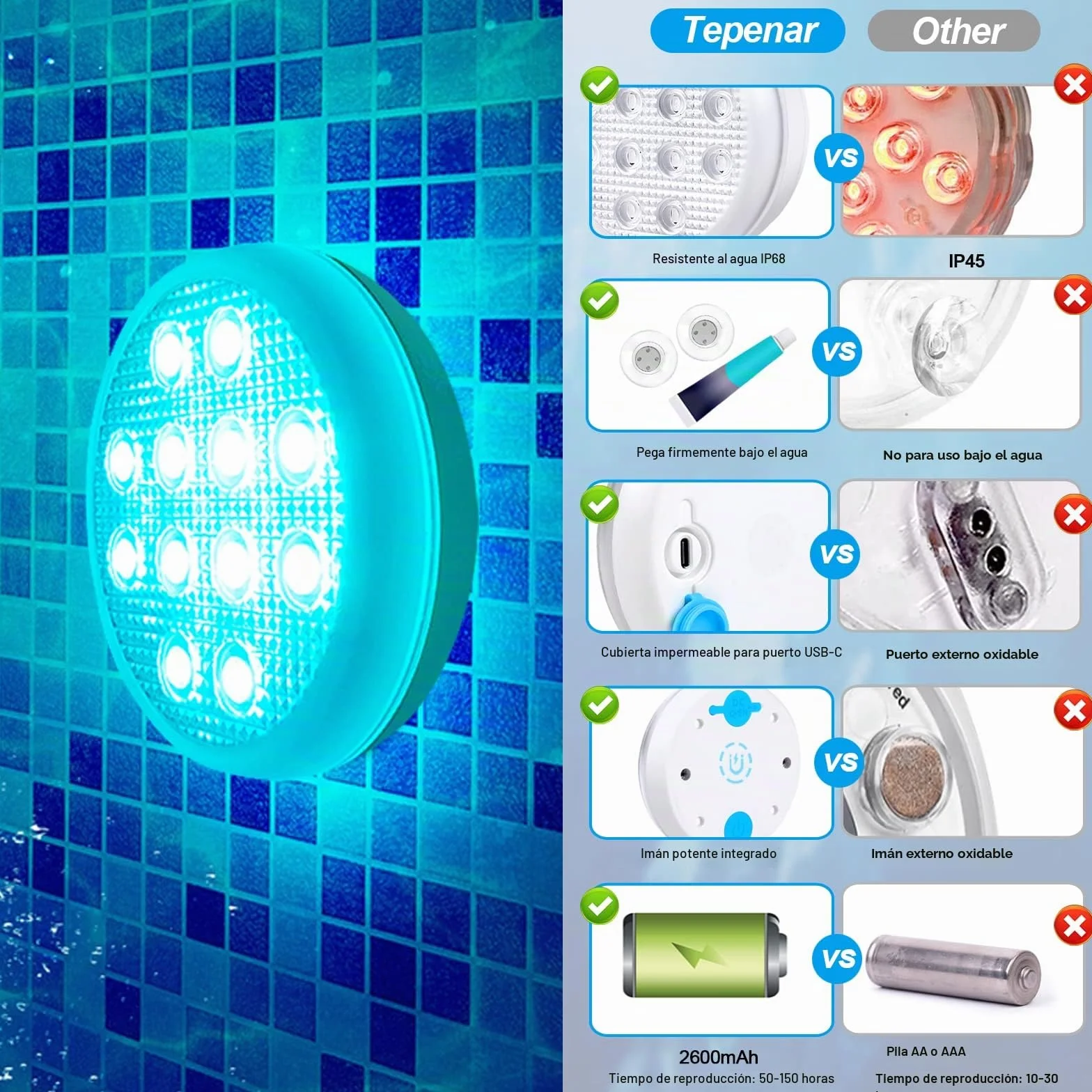 TEPENAR Luces sumergibles recargables para piscina, luces subacuáticas impermeables de 3.7 pulgadas, carga USB-C, funciona con pilas, control remoto, 16 luces de bañera de hidromasaje que cambian de