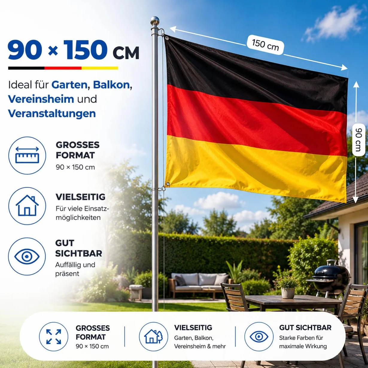 Banderas de Alemania (150 x 90 cm) en negro, rojo y oro, con ojales para colgar, ideal para la Copa del Mundo 2026, incluye 1 planificador de partidos A3.
