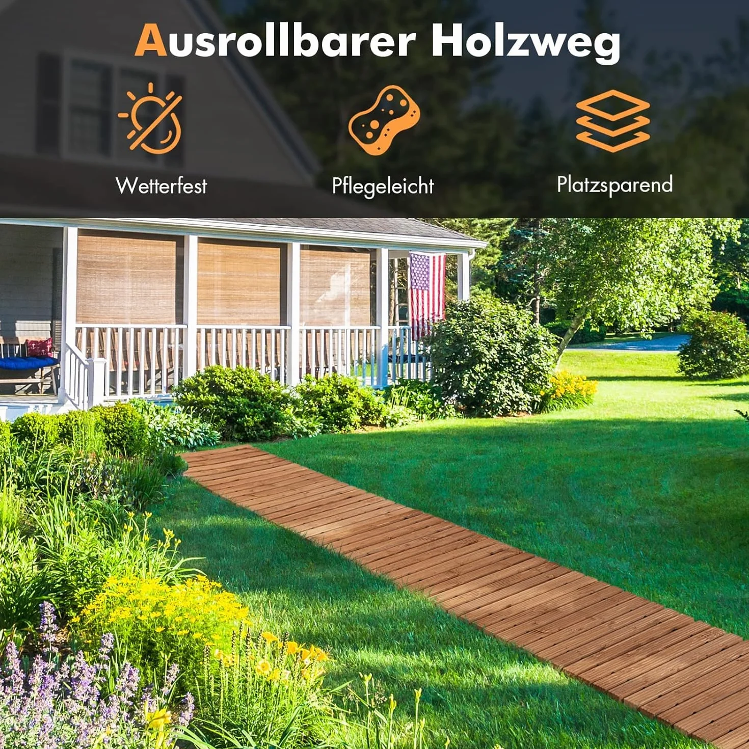 FANTASK Camino de jardín Extensible de Madera, 245 cm de Ancho y 55 cm de Ancho, con Alambre de Acero, Color marrón Claro