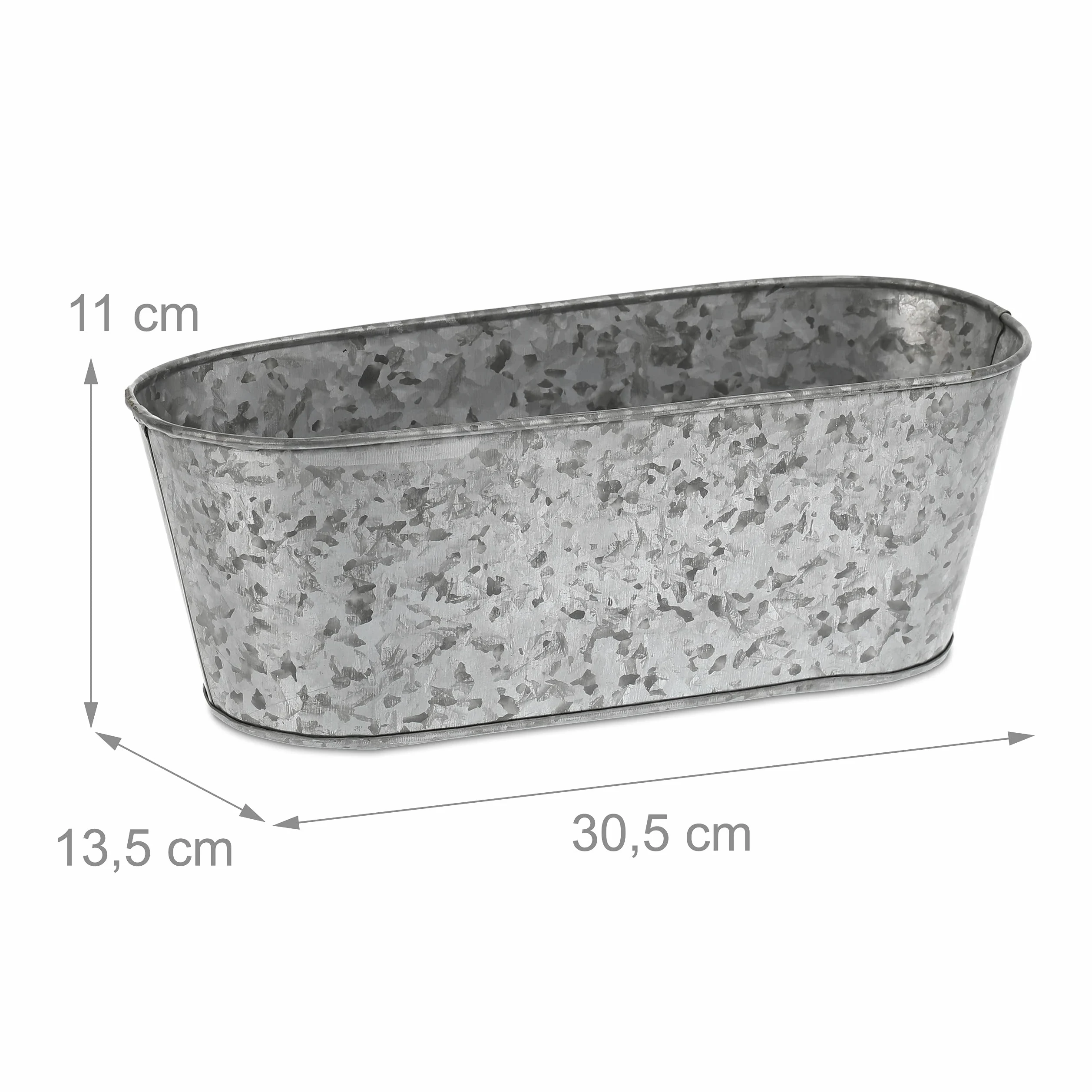 Relaxdays Set 6 Jardineras de Zinc, Macetas Galvanizadas, Maceterios Hierro Ovalados Exterior, 11x30,5x13,5 cm, Plateado
