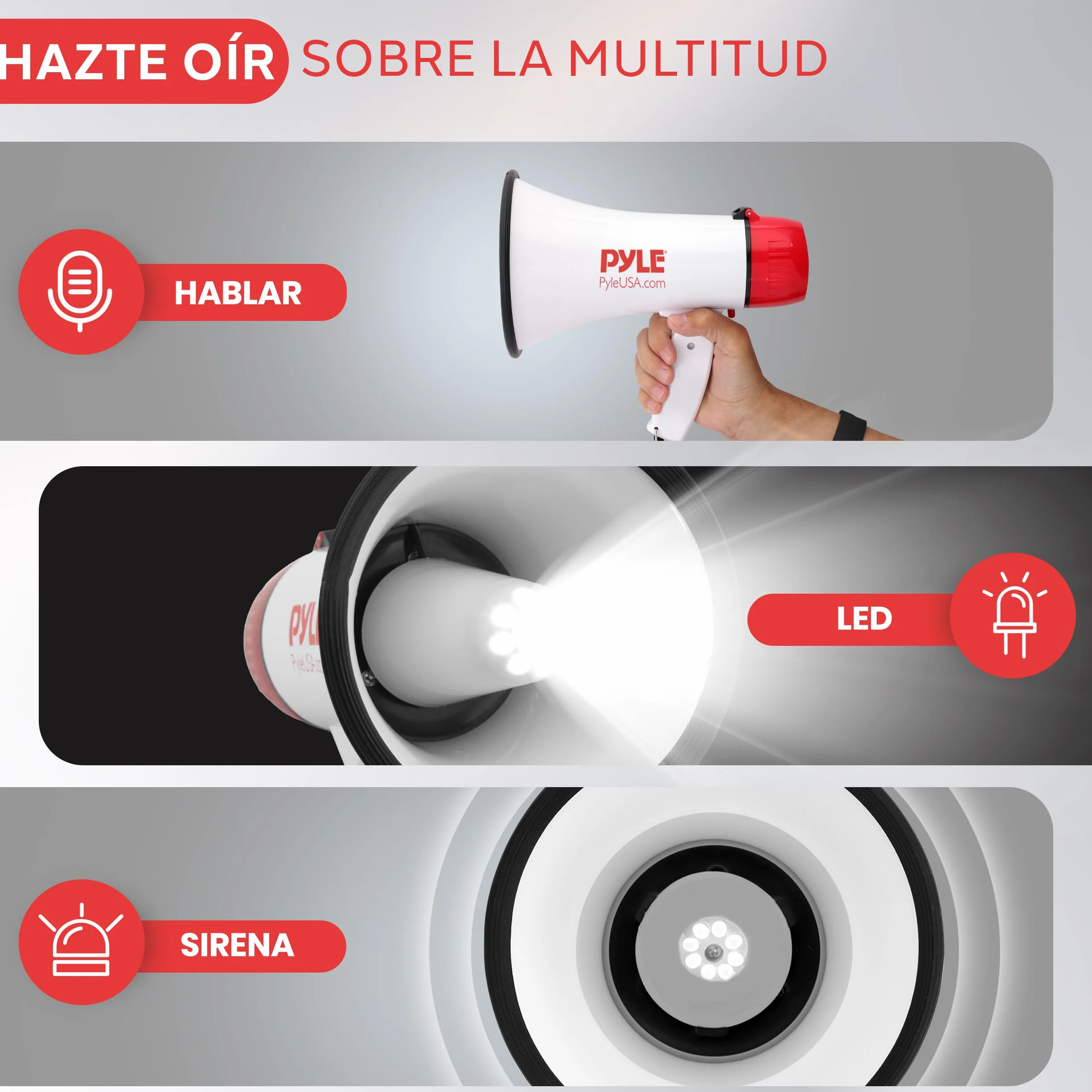 Pyle Megafono 30W z Sirena i Luces LED, Regulowany Głośność