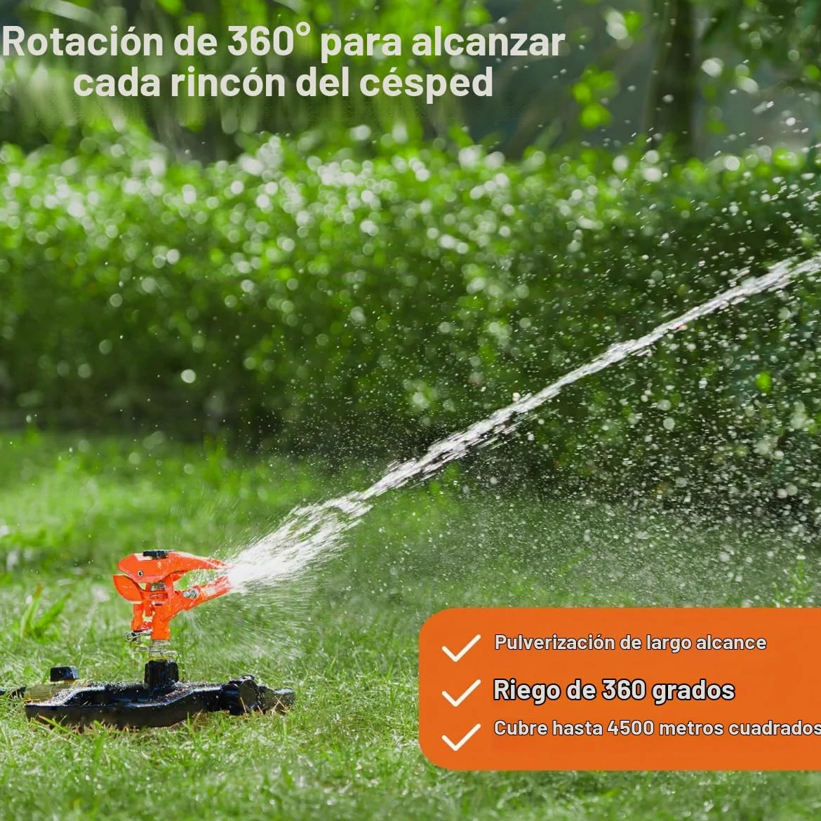 FANHAO Aspersor de Impacto de Resistencia para Jardín, Base 100% Metálica con Rotación 360°, Aspersor de Riego Giratorio Ajustable para Grandes Áreas, Que alcanza hasta 540 m²