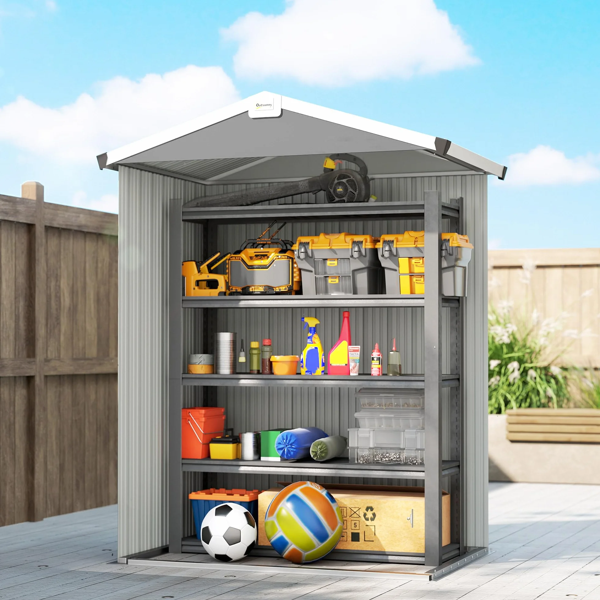 Outsunny Caseta de Jardín Exterior 1,1 m², 133x87x178 cm, Cobertizo Metálico con Puertas Abatibles Dobles, Techo a Dos Aguas y Guantes, Almacenaje de Herramientas y Bicicletas, Gris