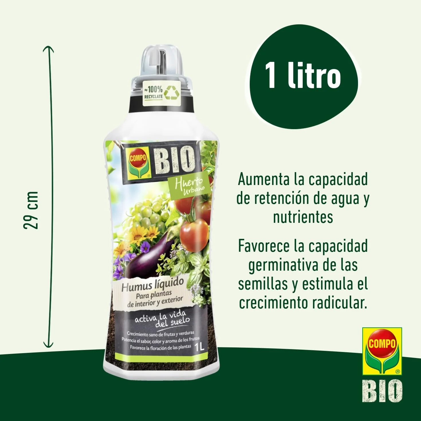 COMPO Humus líquido, Crecimiento sano de frutas y verduras, Apto para agricultura ecológica, 1L