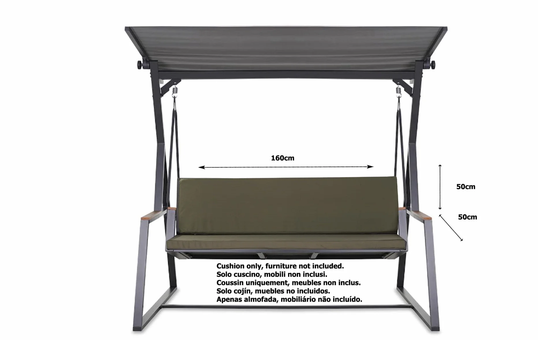 Cojín para columpio de jardín, 7 cm de grosor, acolchado para asiento y respaldo, funda extraíble, reversible, juego de cojines de jardín (verde oliva, 160 x 50 x 50 cm)