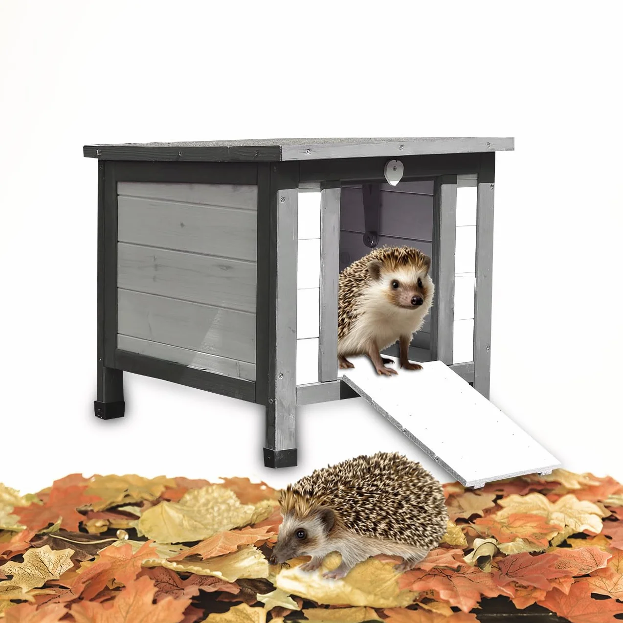 Melko Casa de erizo resistente al invierno con suelo y techo resistente a la intemperie para erizos con tapa plegable, 50 x 45 x 43 cm, cabaña para erizos, color gris y blanco