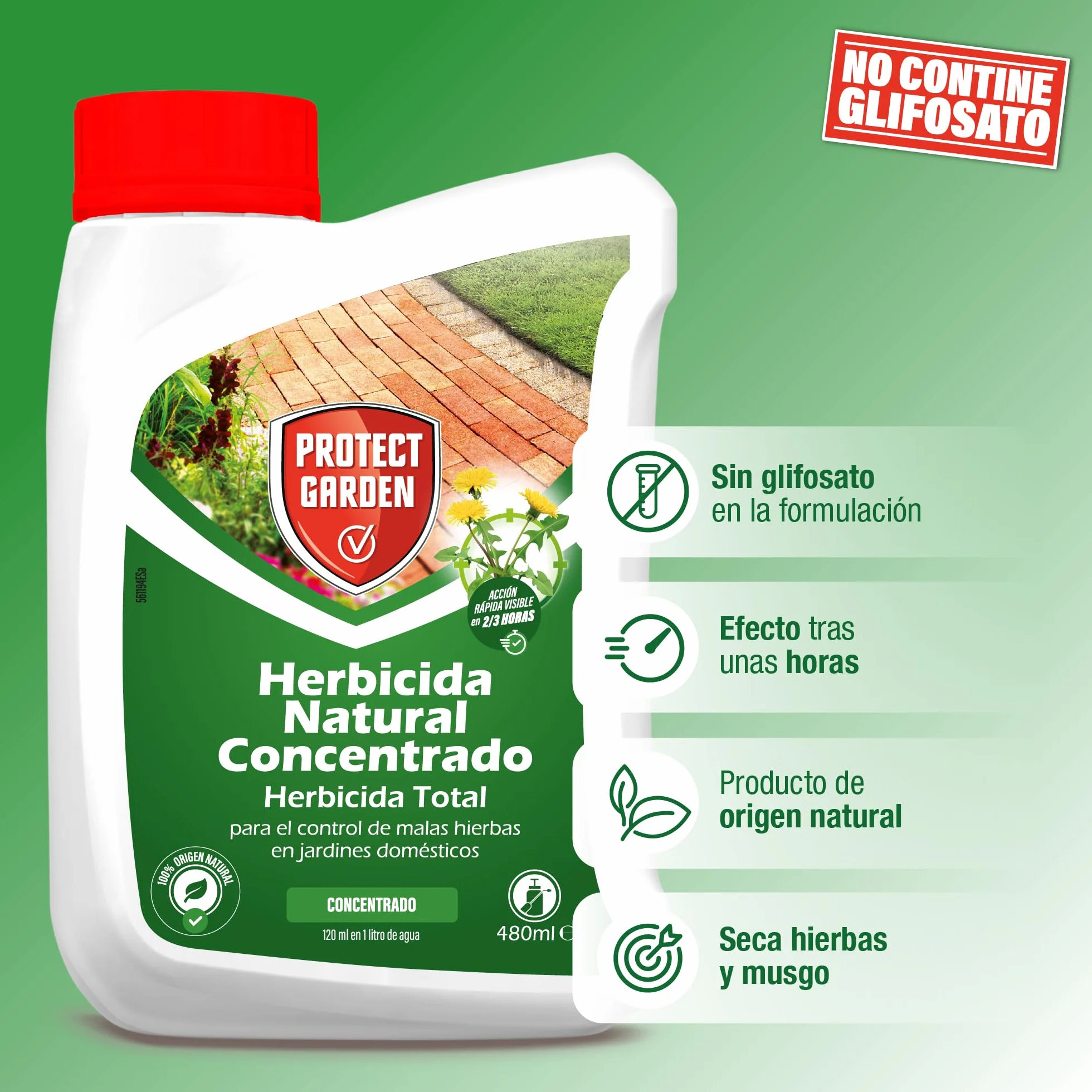 Protect Garden, Herbicida total de origen natural. Alternativa al glifosato de origen 100% natural. Acción rápida visible hasta 4 semanas. 480ml