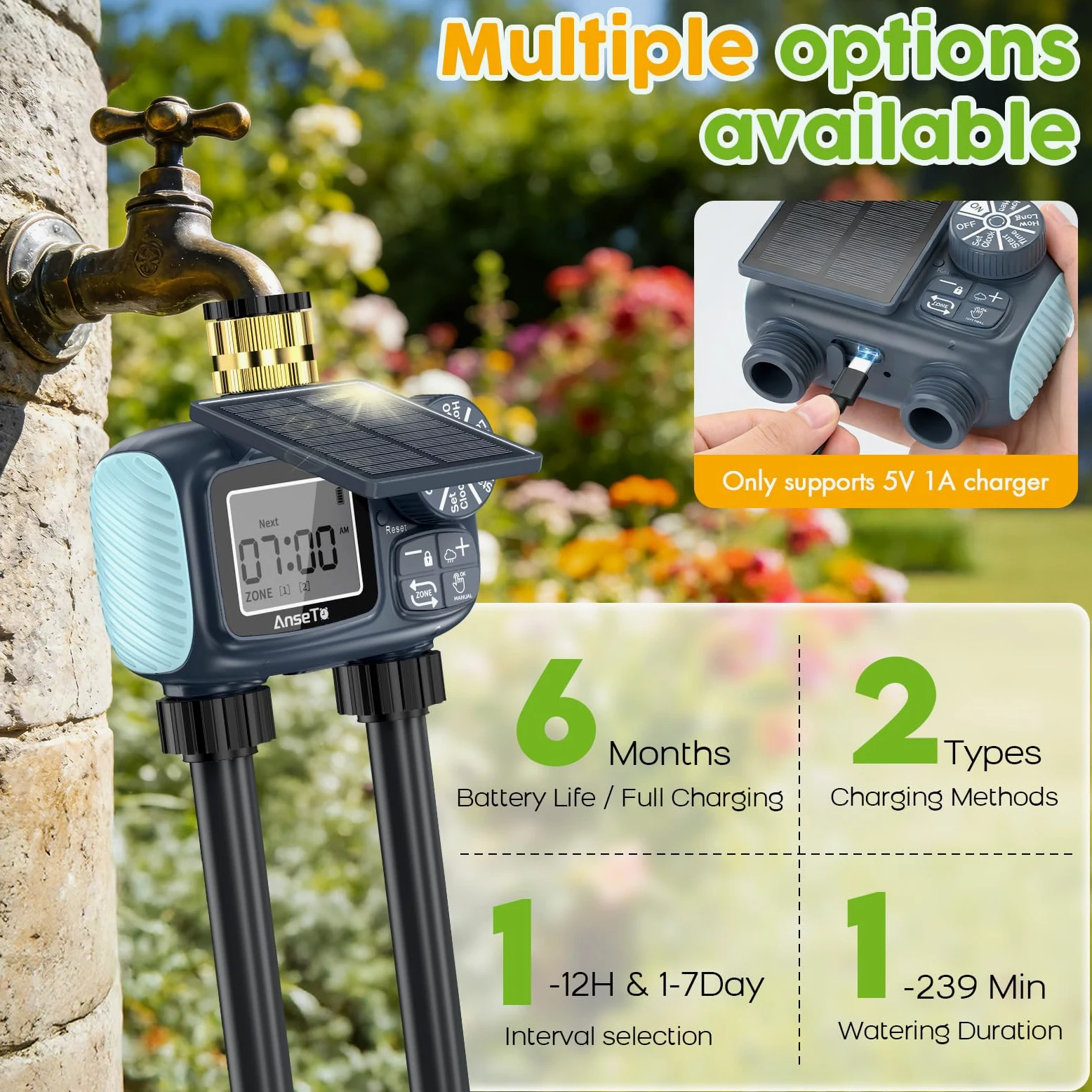 Programador de Riego Solar 2 Salidas, Sistema de Riego Inteligente Ajustable Carga Solar Tipo C para Jardín