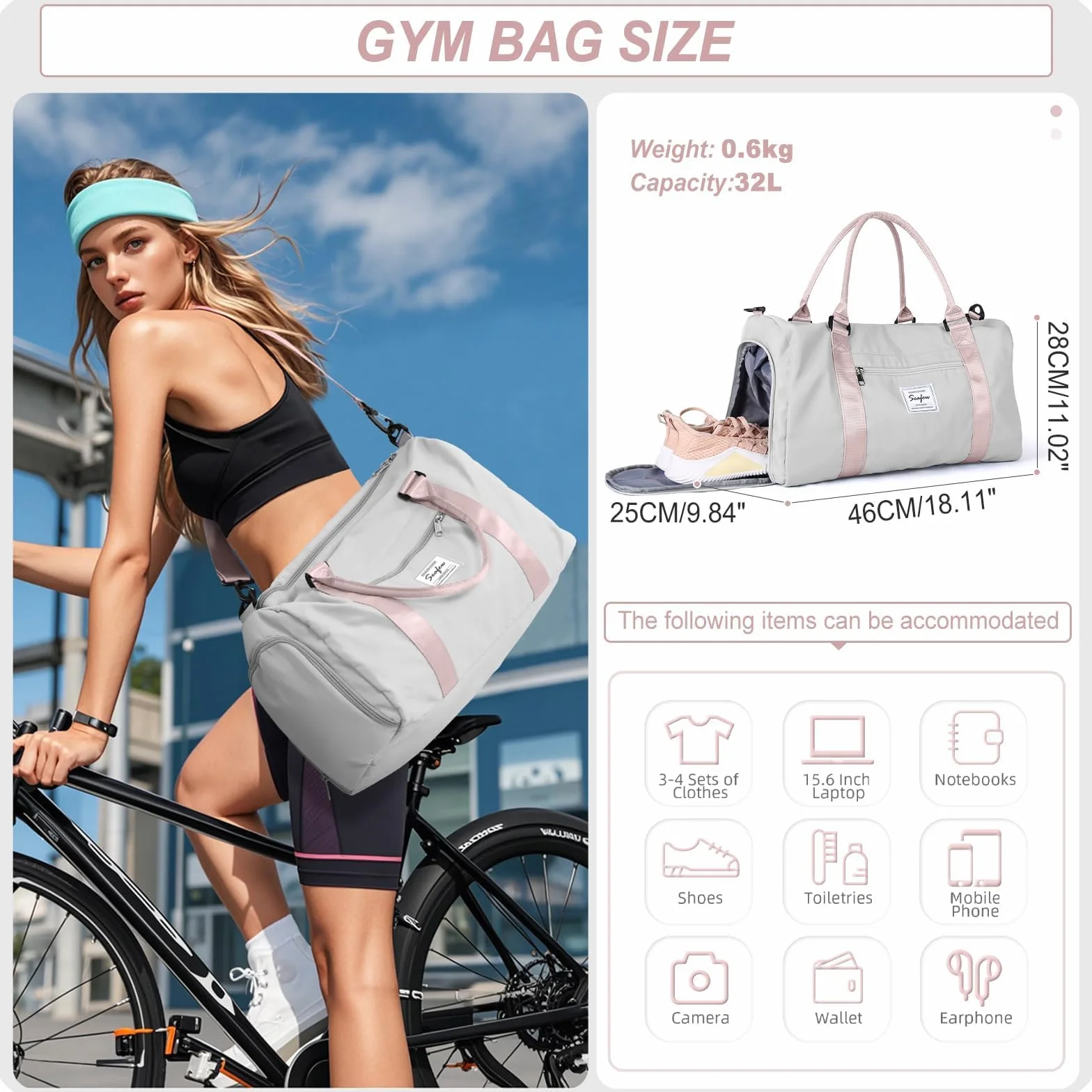 Bolsa Gimnasio Deportiva Mujer Hombre Grande con Compartimento Zapatos Bolsillo Húmedo Sports Gym Bag