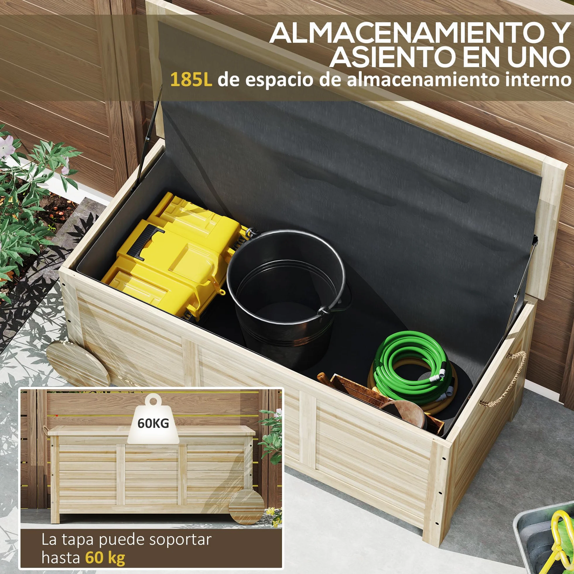 Outsunny Baúl de Almacenaje Exterior 185L, Arcón de Jardín de Madera con Tapa Abatible, 2 Ruedas, Bisagras Metálicas, Cuerdas de Lino y Forro Interior, 110x50x50 cm, Natural