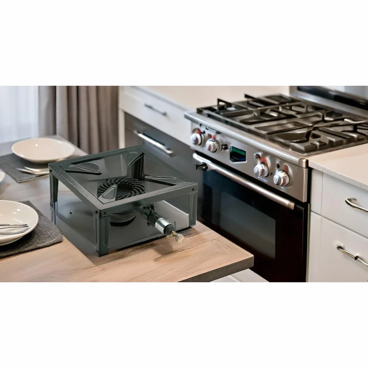 INTEC - Hornillo de gas 7,5 KW acero esmaltado quemador de hierro fundido hornillo catering 4 patas de cocción exterior