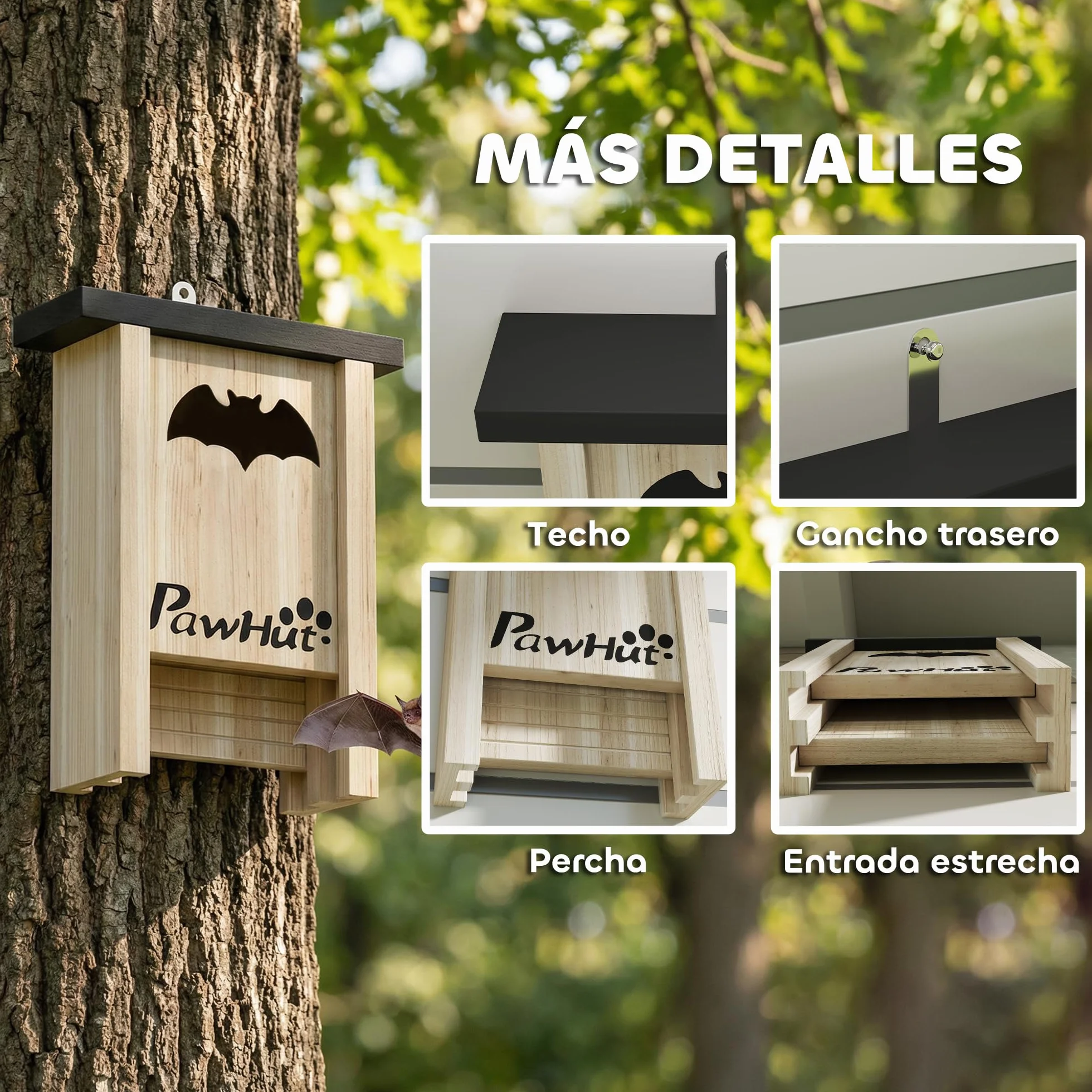 PawHut Pack de 3 Casas para Murciélagos de Madera Maciza, Cajas para Murciélagos, Resistente a la Intemperie, para Exterior, Jardín, Huerto o Granja, con Plataforma de Aterrizaje, Fácil de Colgar