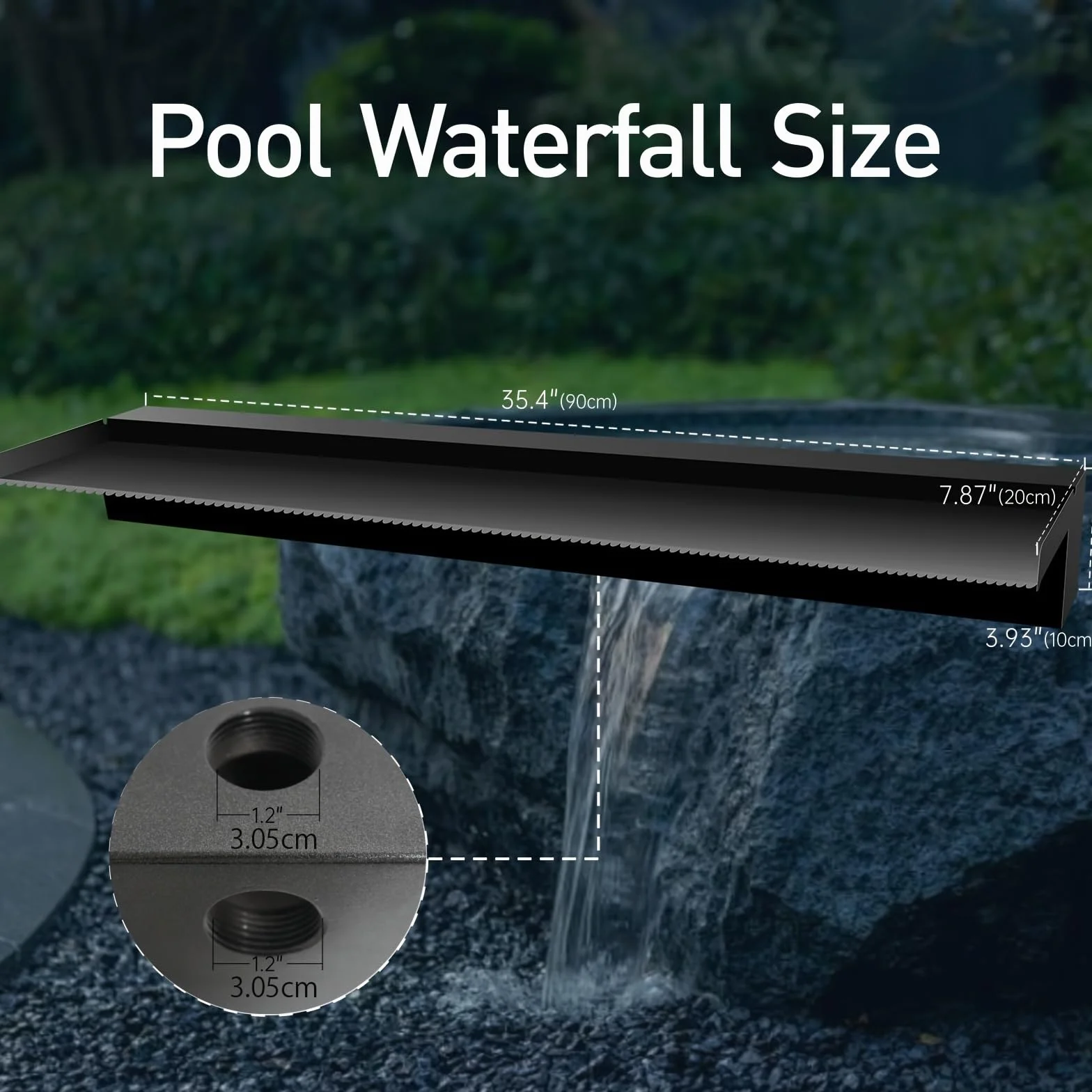 Kit de Fuente de Cascada de Jardín en Acero Inoxidable, Diseño Elegante para Patio, Estanque Exterior Negro con Vista al Agua para Decoración de Terraza - 90x20x10cm (Sin luz)