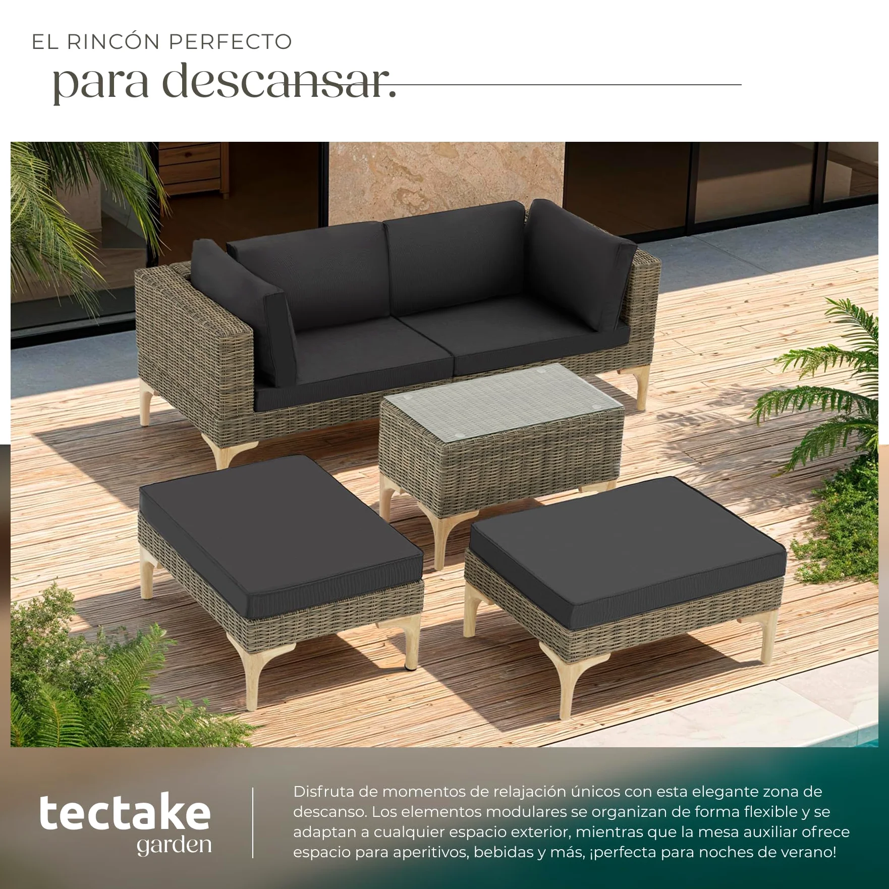 TecTake® Conjunto Jardín en Ratán y Aluminio con Cojines, Conjunto Terraza Resistente a la Intemperie, Muebles Jardín Exterior 2 Sillones, 2 Taburetes, 1 Mesa con Cristal, Fundas Extraíbles - Natural