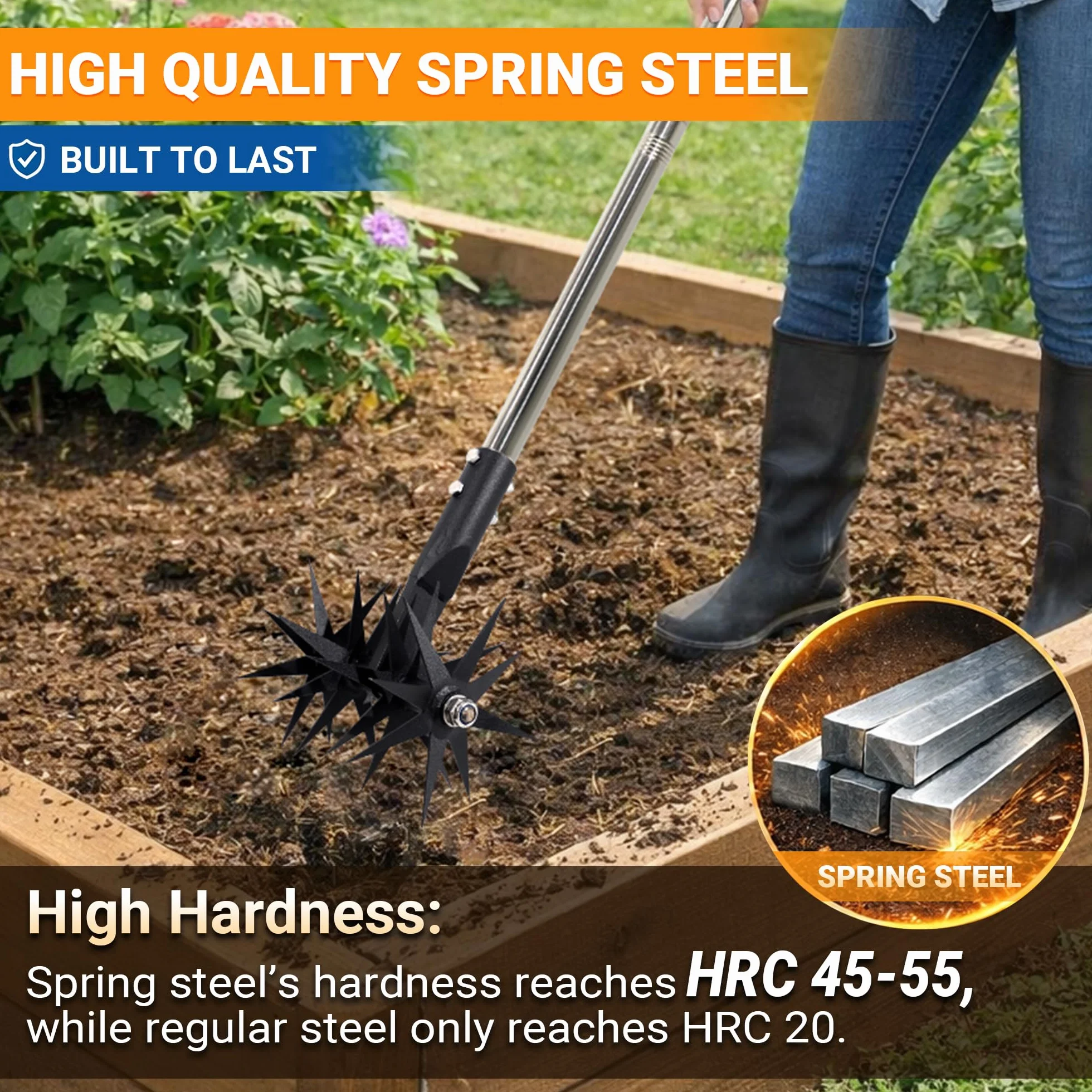 Cultivador giratorio de 66 pulgadas con púas de acero templado con resorte y mango de acero inoxidable ajustable, herramienta manual de cultivador de jardín para aflojar el suelo y mezclar