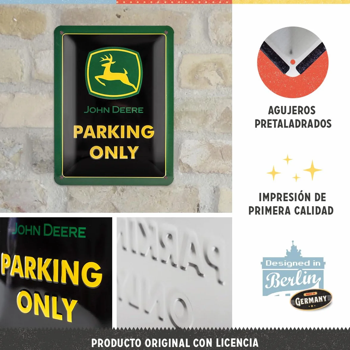 Nostalgic-Art Cartel de Chapa Retro John Deere – Parking Only – Idea de Regalo para los Fans de los Tractores, metálico, Diseño Vintage, 15 x 20 cm