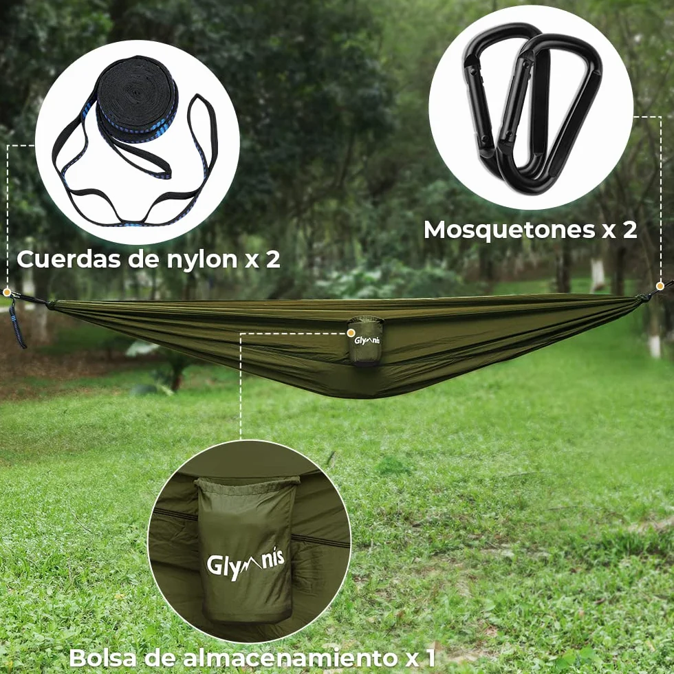 Glymnis Hamaca Ultraligera de Nailon, 300 kg de Capacidad de Carga, 275 x 140 cm, 2 Correas de Nailon y 2 Mosquetones, Hamacas Colgantes para Acampada de Viaje al Aire Libre y Jardín