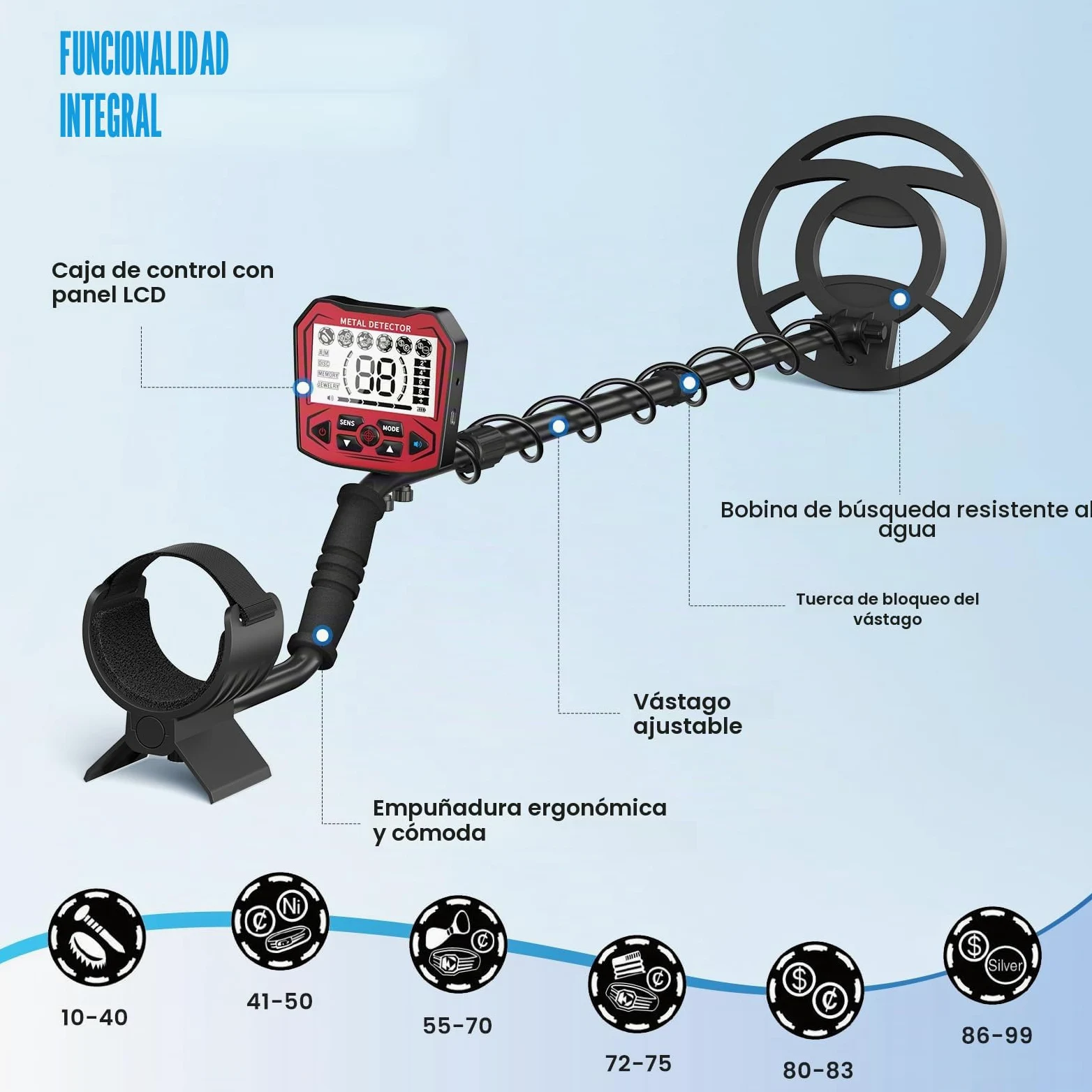 Detector de Metales Profesional para Adultos y niños, Chip antiinterferencias, Resistente al Agua IP68, soporta batería y alimentación USB, 5 Modos de detección (Rojo)