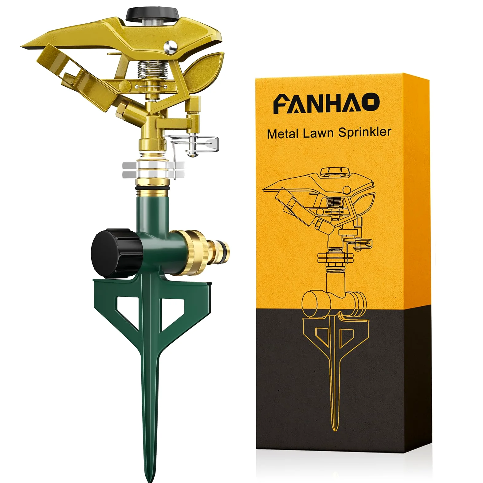 FANHAO Aspersor de Impacto con Base de Espiga Metálica, Sistema de Riego Impulsos, Que alcanza hasta 540 m², Ajustable y de Amplia Cobertura de 360 Grados