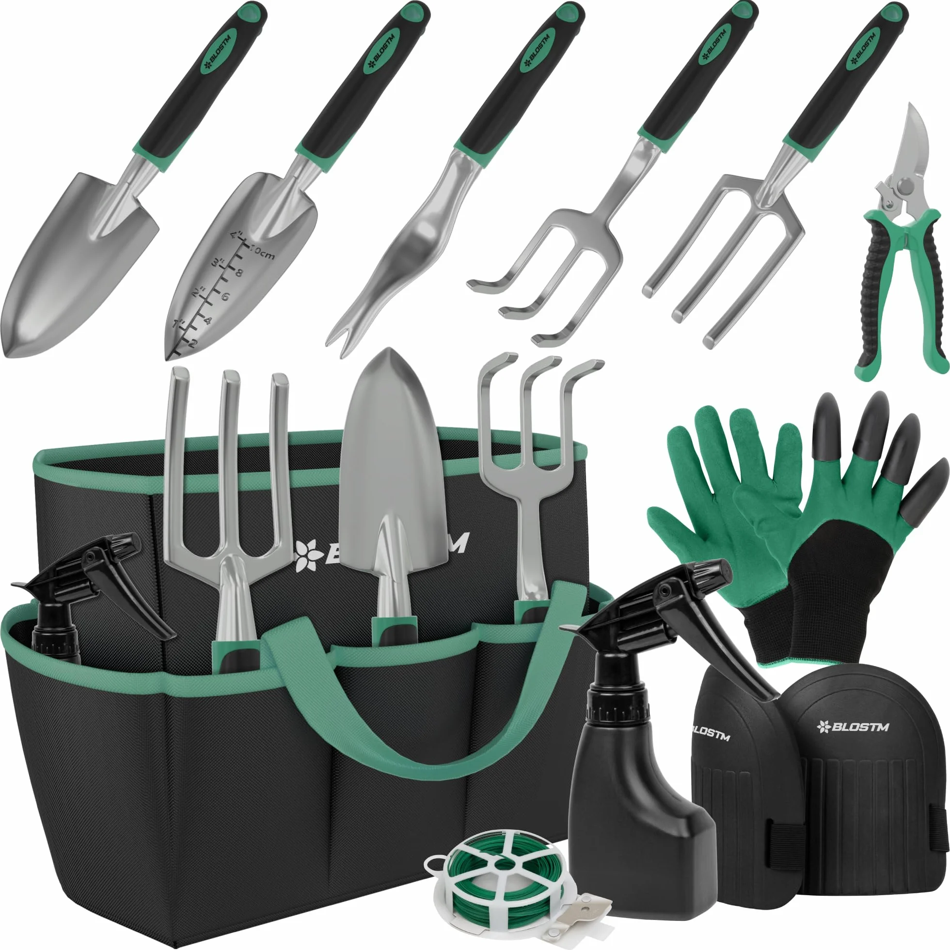 BLOSTM Juego de herramientas de jardinería de 11 piezas, kit de herramientas de jardín resistente con bolsa de mano impermeable, juego de paletas de jardín a prueba de óxido (verde/negro)