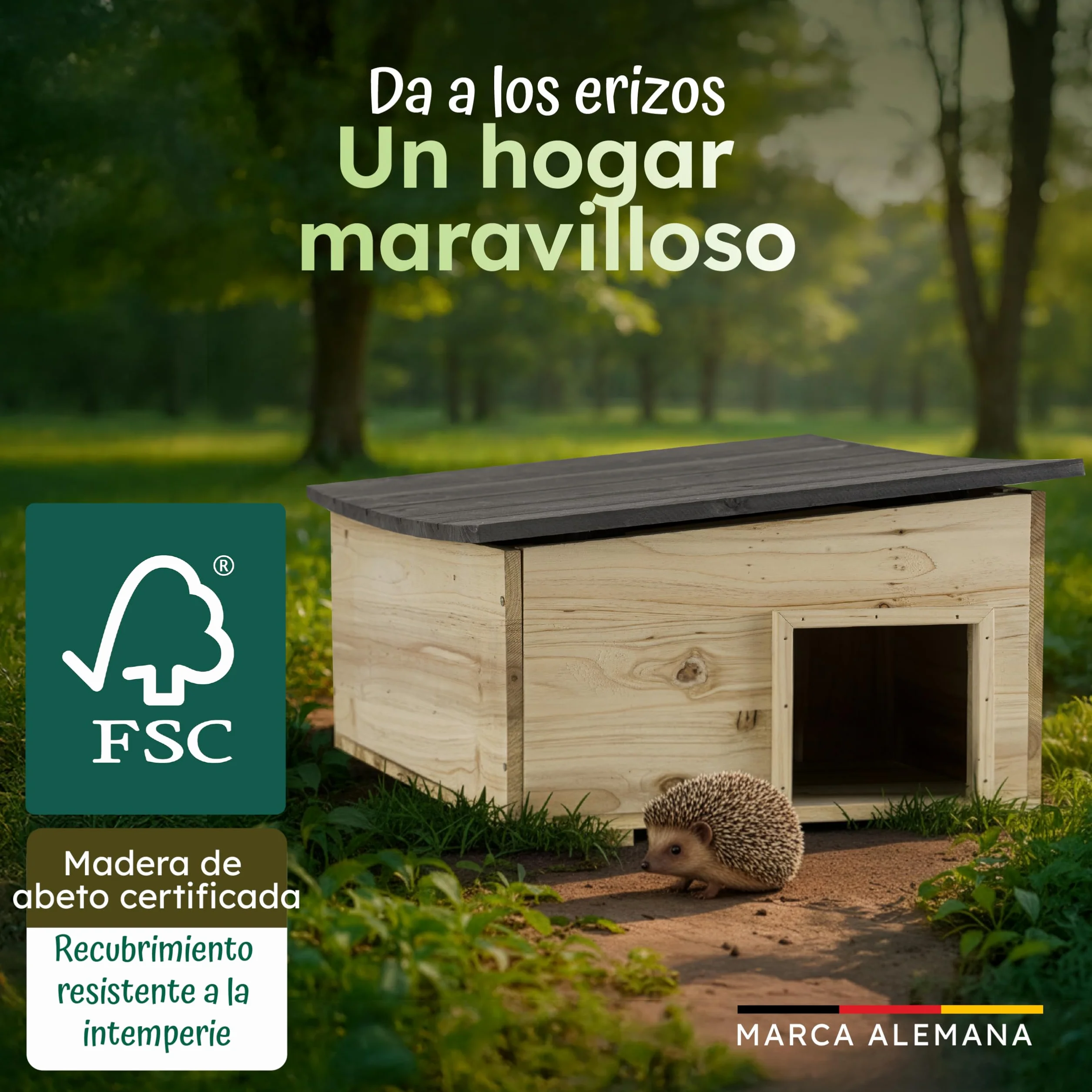 Moorland Casa de hibernación para erizos – Refugio Invierno FSC 54×38 cm con Base, Entrada laberíntica ventilada, Techo extraíble, Resistente al Clima para Uso en jardín