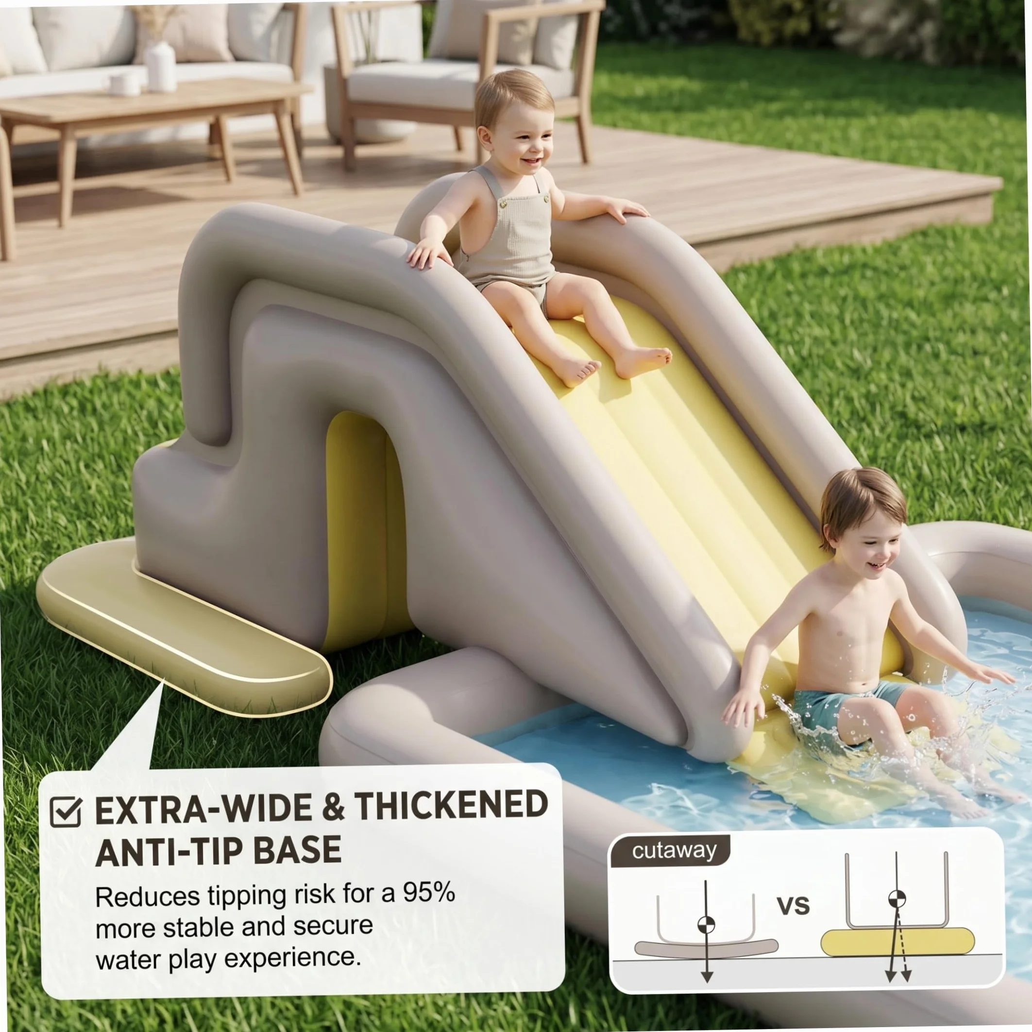 Tobogán inflable para piscina, tobogán para piscina con amplia base rellenable con agua: fácil instalación y almacenamiento de PVC para interiores y exteriores para niños adultos (caqui, con bomba
