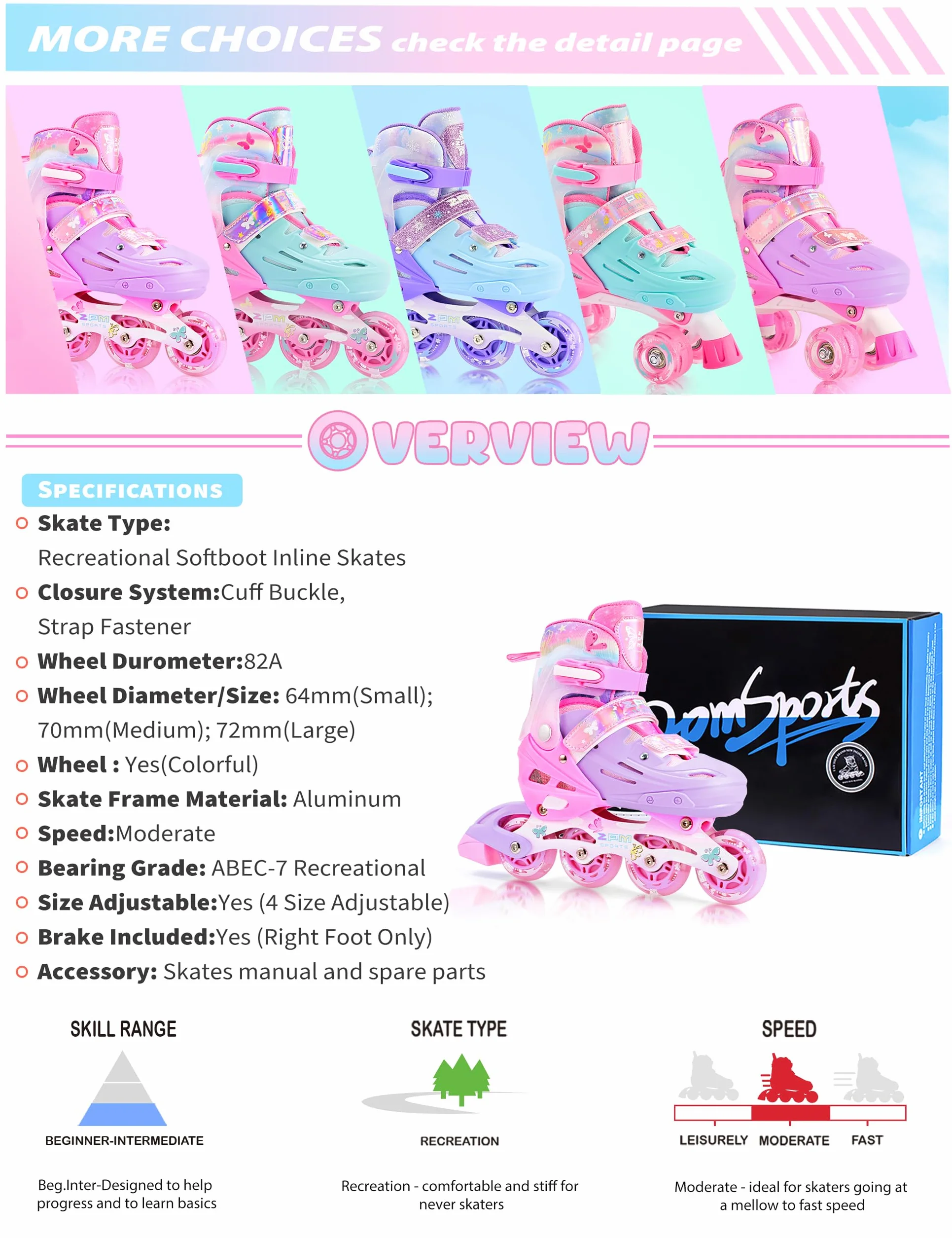 2PM SPORTS Patines en Línea Rosa Violeta Ajustables para Niñas Principiantes