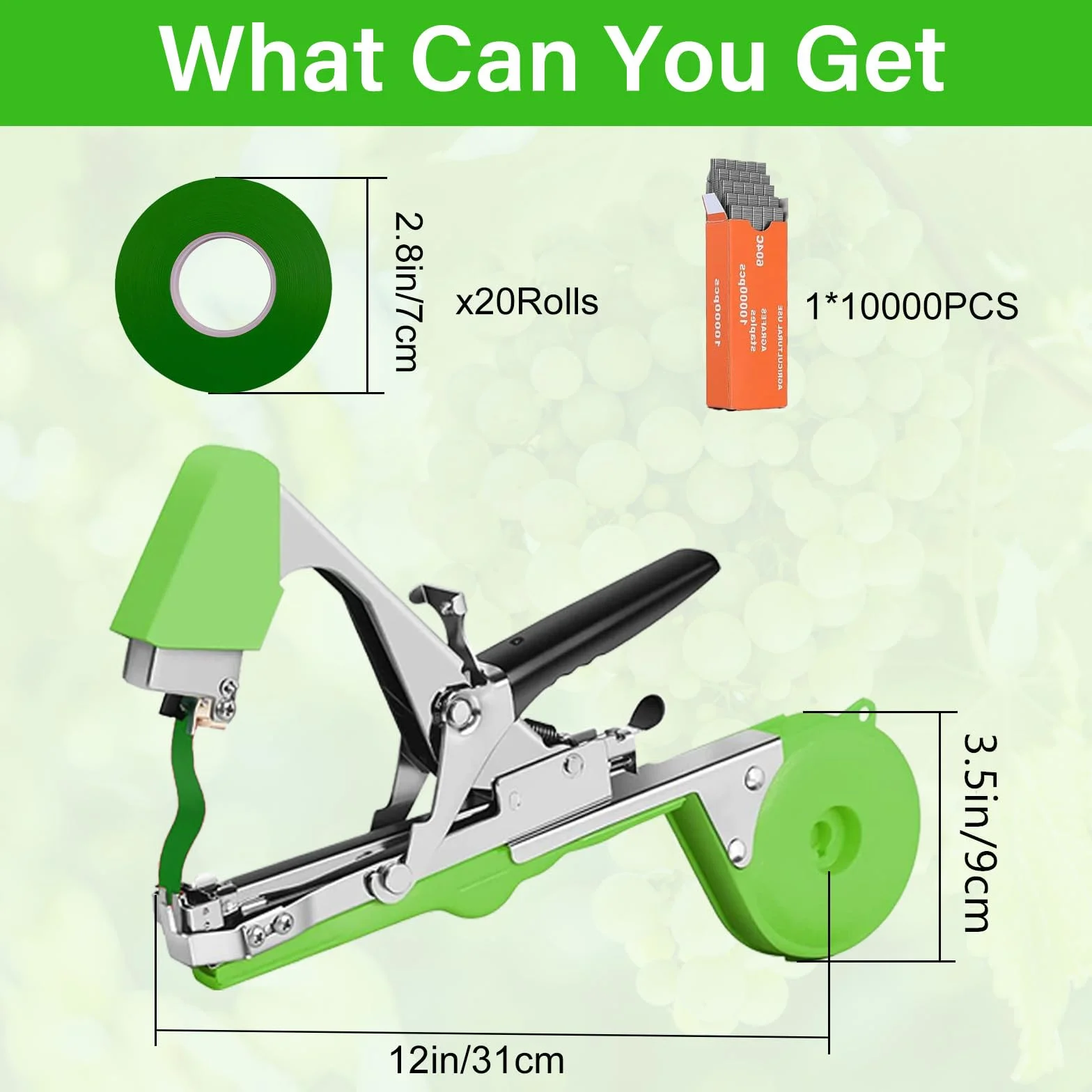Maquina para Atar Plantas, Herramienta de Cinta de Jardín para Atar Ramas de Plantas, Atadora Agricola para Atadora de Tomates Fruta Flores Vegetales con 20 Rollos de Cinta Verde para Arboles
