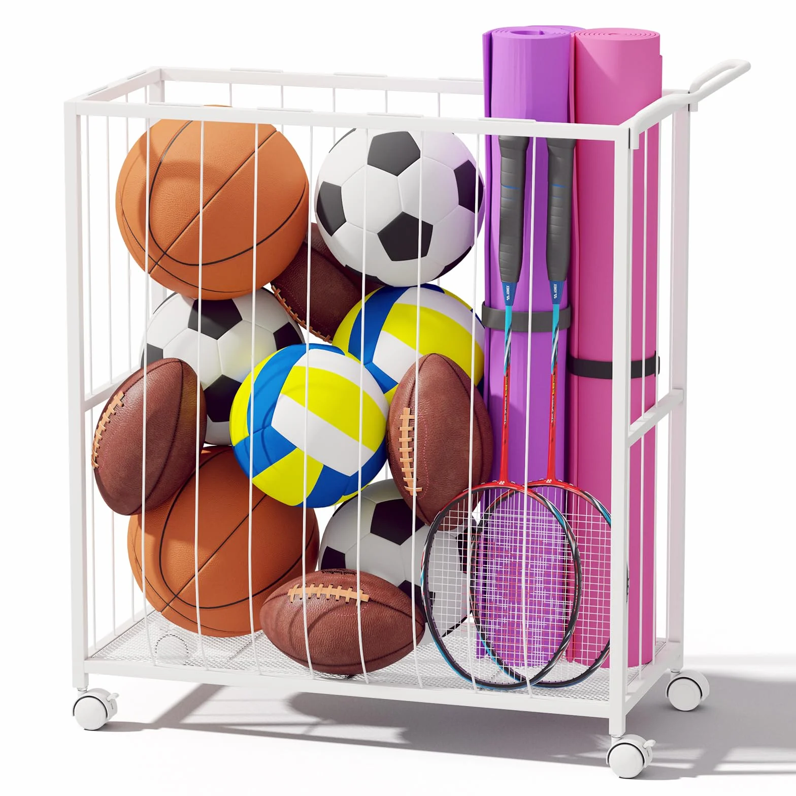 Homsorout Cesta de almacenamiento de bolas, carrito deportivo organizador de metal para garaje y gimnasio