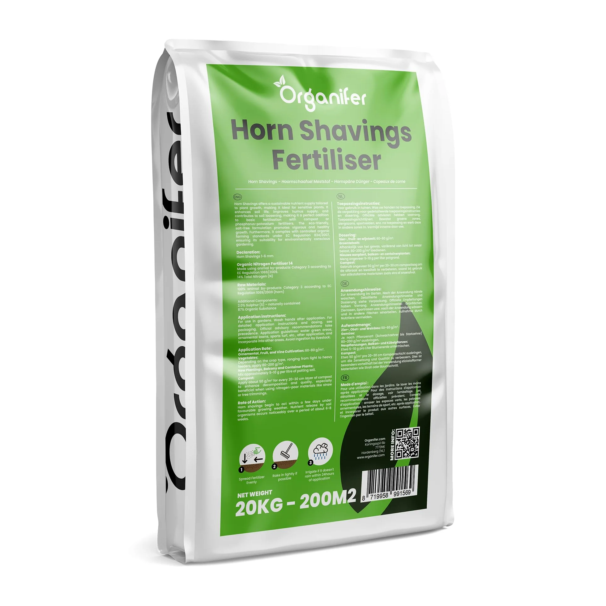 Virutas De Cuerno 1-6 Mm - 20 Kg Para 200 M² - Fertilizante Orgánico Nitrogenado Para Hortalizas, Frutas, Césped Y Plantas Ornamentales - Fertilización A Largo Plazo, Mejora Del Suelo - Organifer