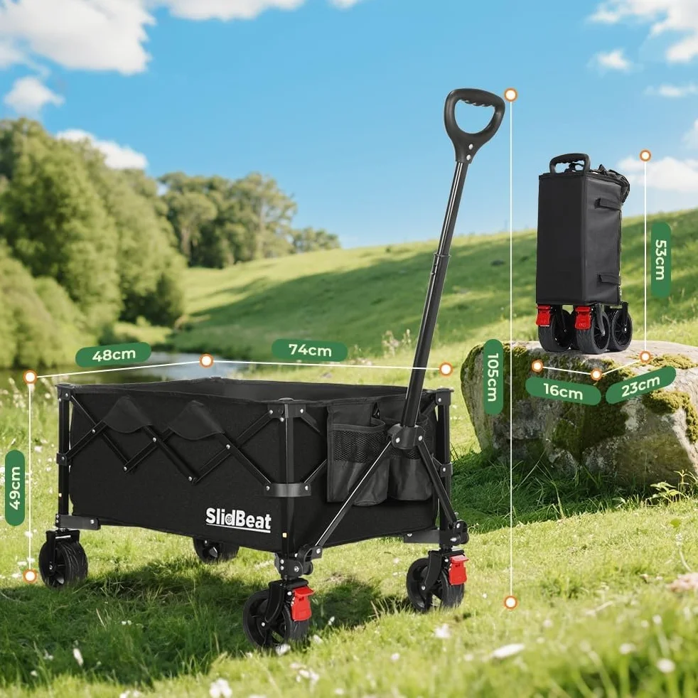 SLIDBEAT Carro de Playa Plegable (150L) para Camping, Picnic y Jardín. Carga 150KG, Ruedas Todo Terreno, Doble Freno y Mango Ajustable. Recipiente Interior Extraíble y Lavable a Máquina