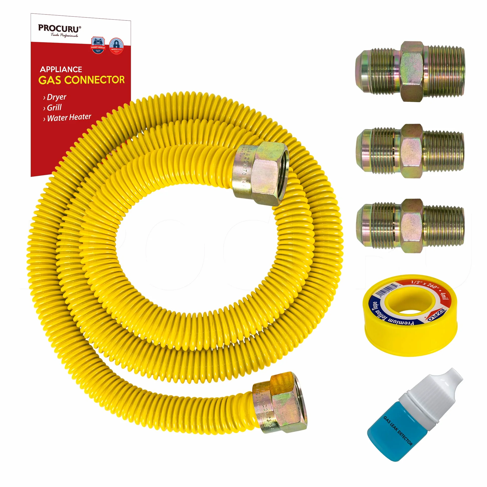 PROCURU SafeGuard - Kit de conector flexible de gas universal de 1/2 pulgada de diámetro exterior x 48 pulgadas (4 pies), tubo de suministro de gas de acero inoxidable recubierto de amarillo para
