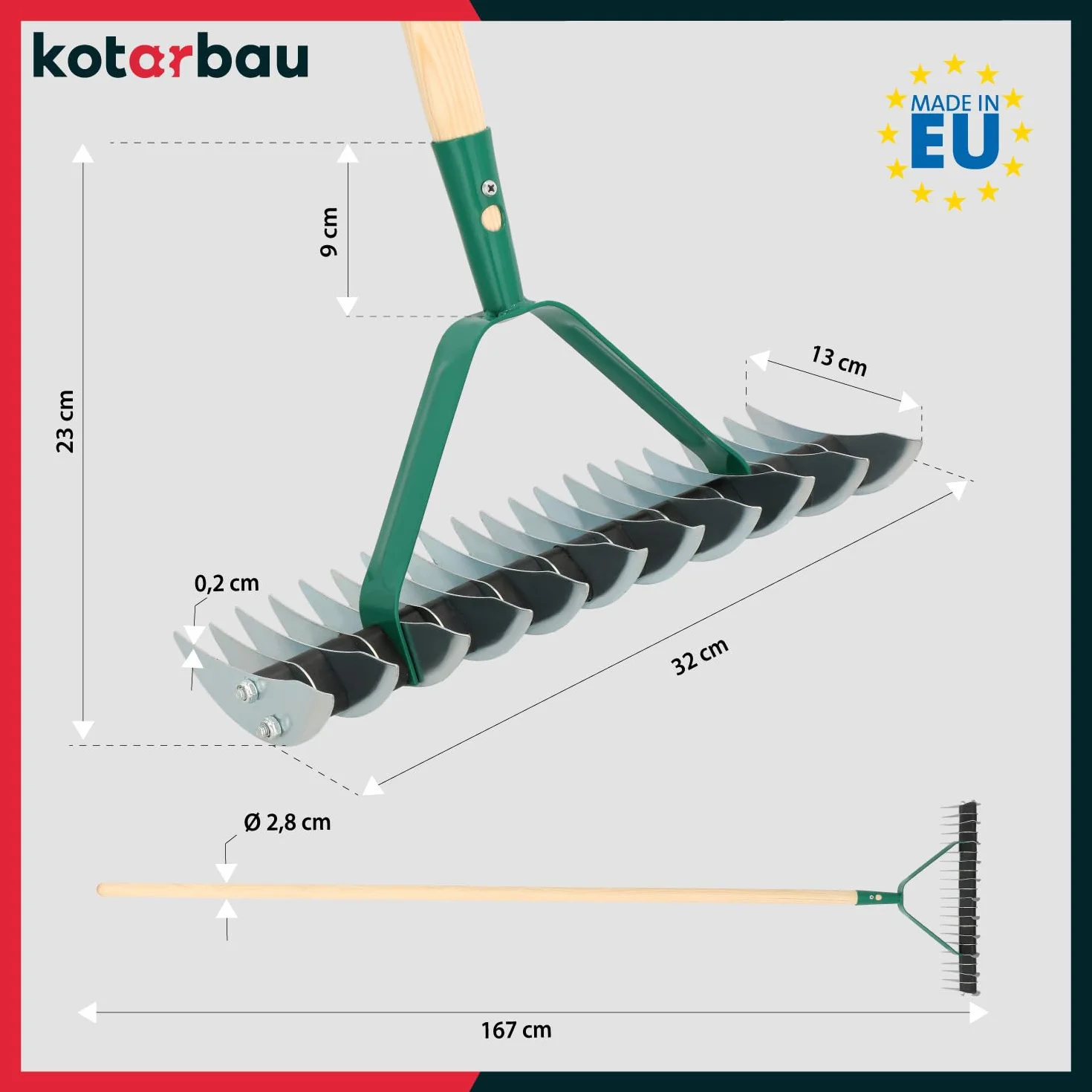 KOTARBAU® Escarificador de Doble Cara, Escarificador de Acero con Mango de Madera, Escarificador Manual, Rastrillo Cortador para Eliminar el Musgo y los restos de césped, Aireador