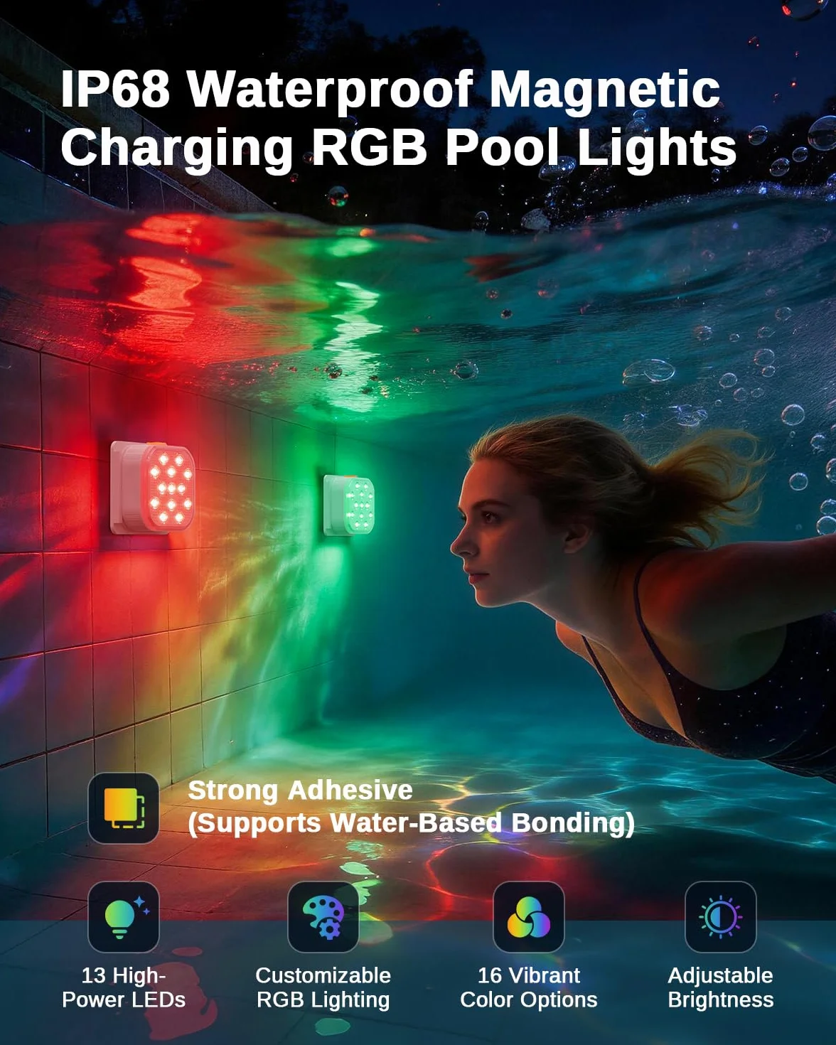 SoulBay - Luces de piscina subacuáticas, 2 piezas de luces magnéticas recargables para bañera de hidromasaje con control remoto, 16 colores y 6 modos dinámicos RGB, accesorios de spa LED impermeables
