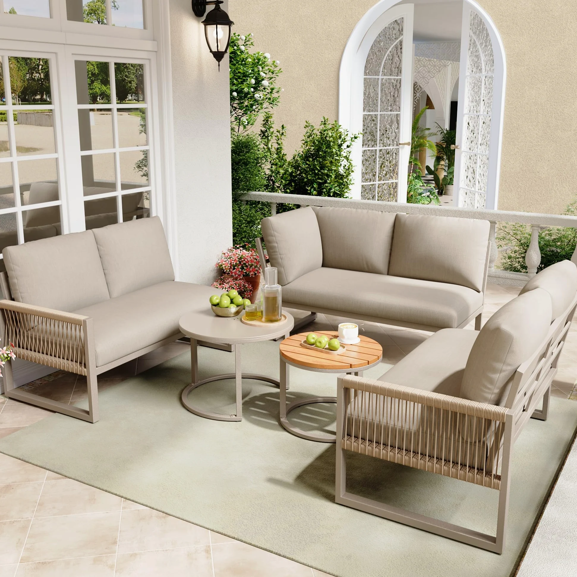 LAKFEW Conjunto Jardin Exterior de 5 Piezas con 2 Mesas y Patas Ajustables, Muebles Jardin Exterior Modular para 6-7 Personas, Sofa Exterior Esquinero con Cojín Cómodo (Beige)