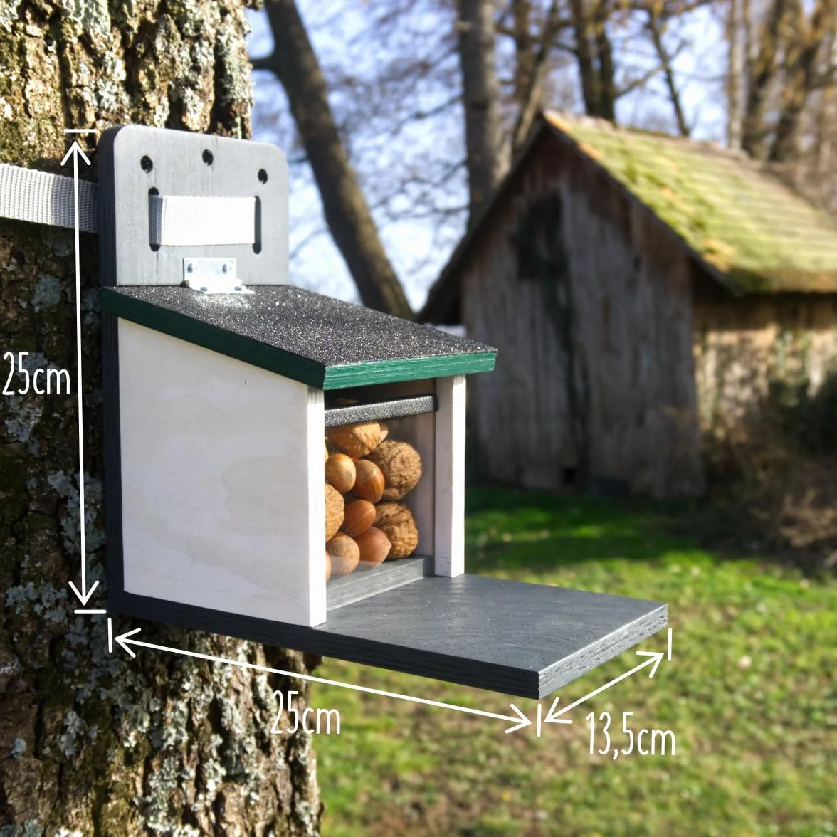 Comedero para ardillas resistente a la intemperie, muy estable y seguro | hecho a mano de producción propia en la Selva Negra | Sistema de ventilación para alimento seco para ardillas