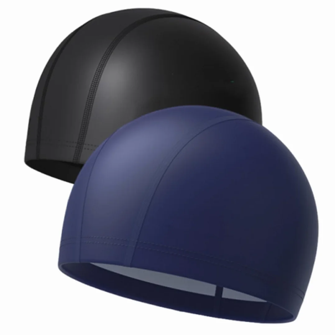 Gorros de piscina elásticos resistentes al agua para mujer y hombre, cabello largo, natación, azul + negro