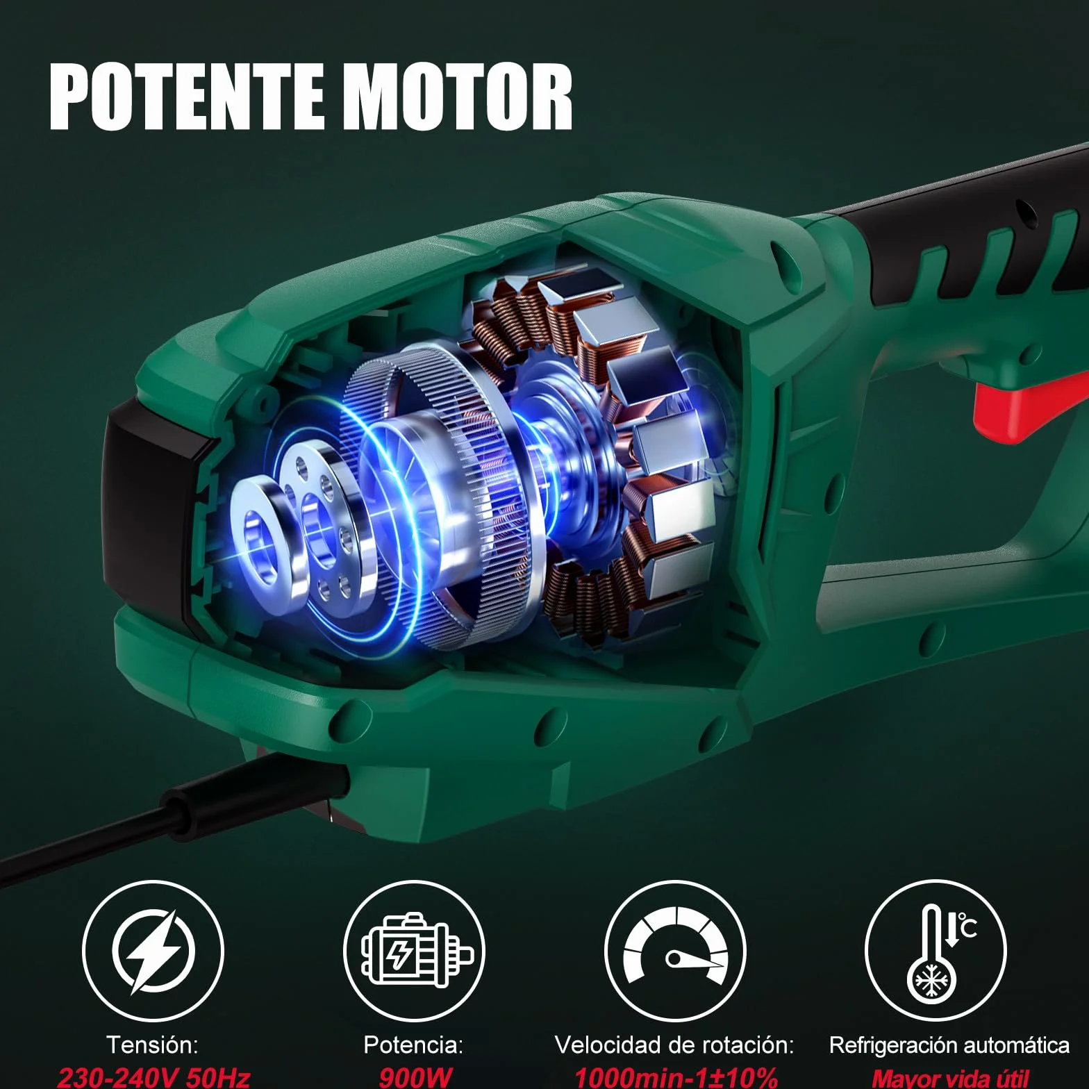 HYCHIKA Cortasetos Electrico Telescopico 900W, Cortasetos Telescopico, Extensible 200-250 cm, Cabezal Pivotante +90°~-45°, Doble Interruptor y Doble Asa, para Podar Césped, Arbustos y Setos