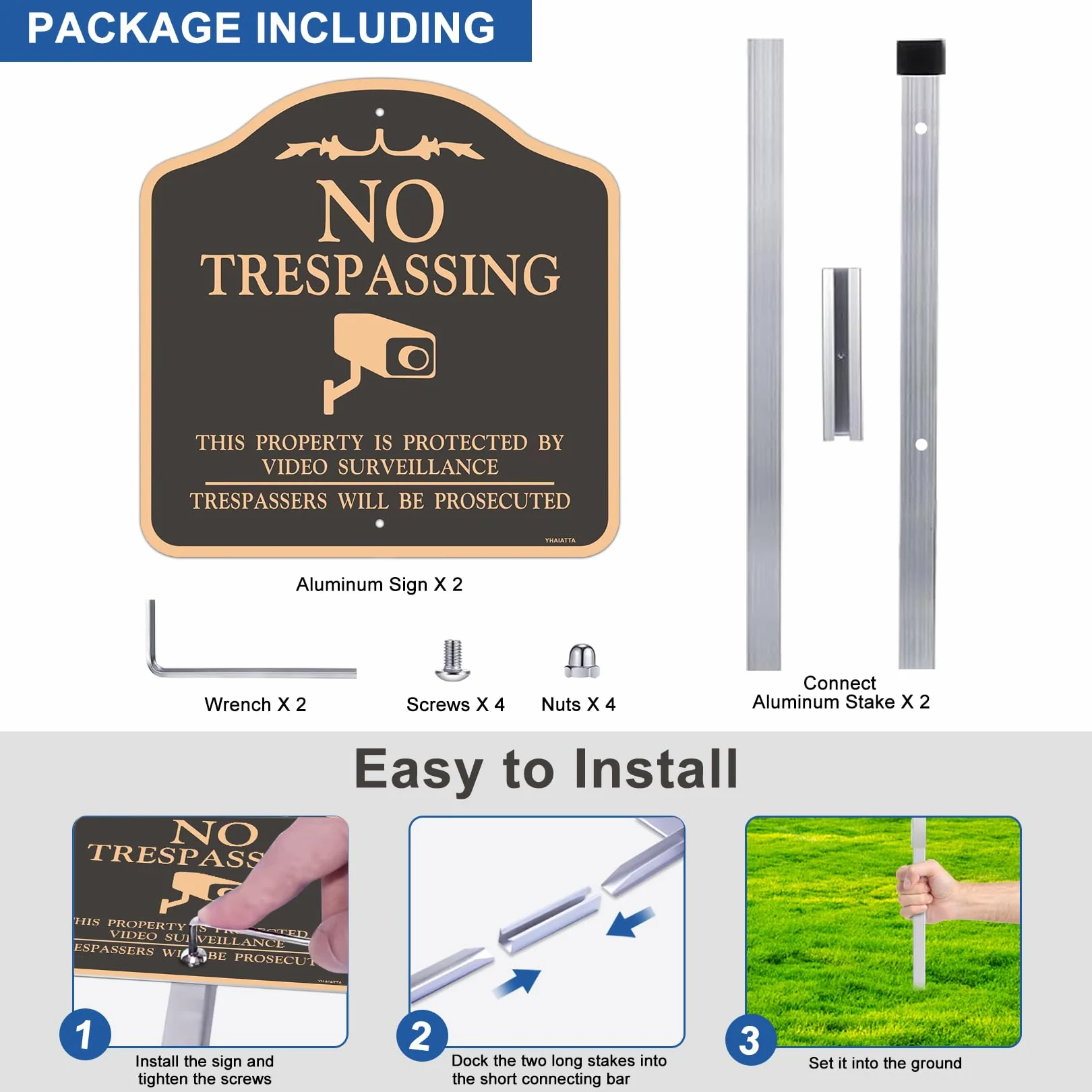 Letrero grande (2 unidades) con texto en inglés "No Trespassing", señales de videovigilancia para exteriores, metal, aluminio, incluye estacas de metal para una fácil instalación, 30,5 x 30,5