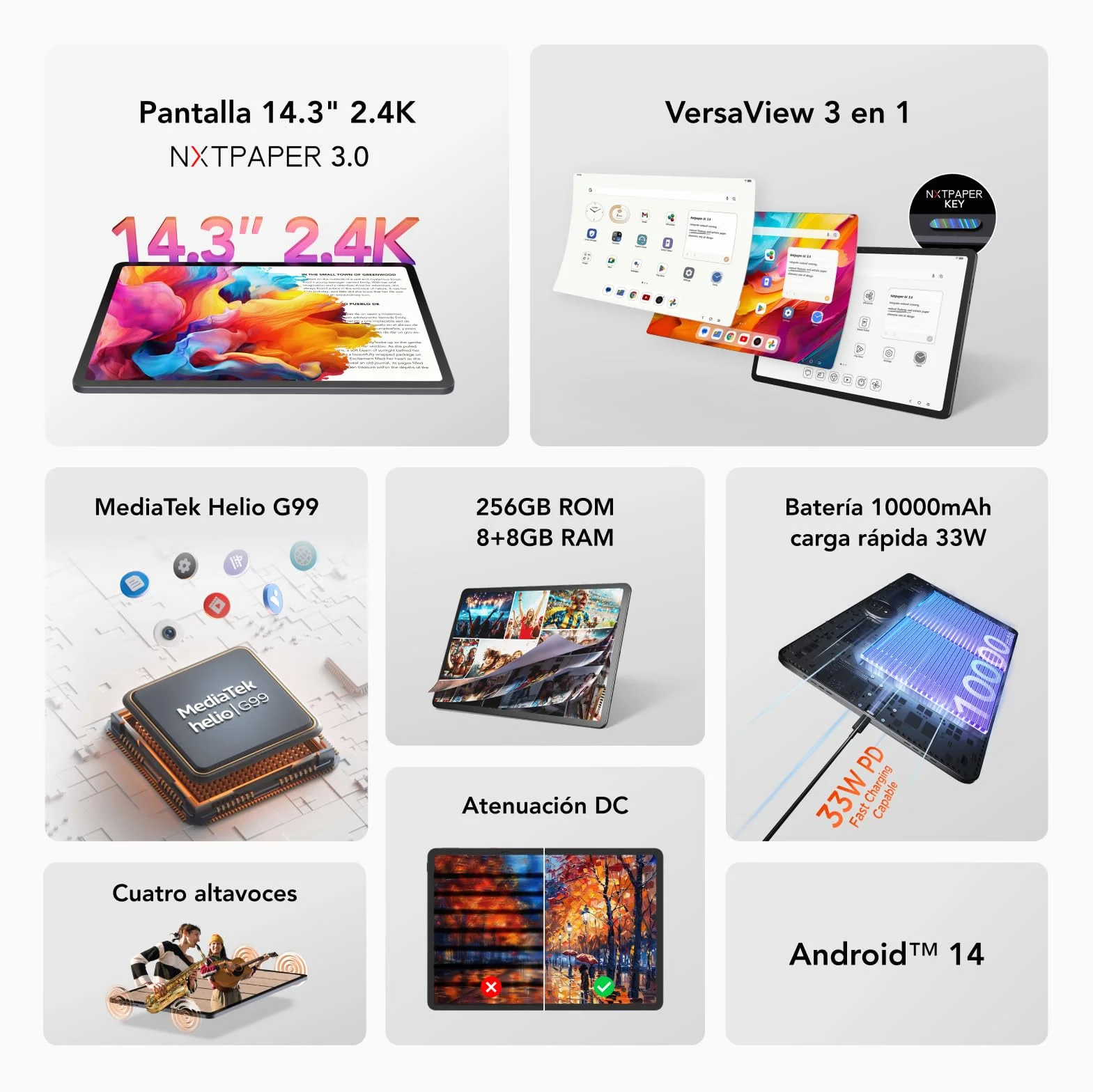 TCL NXTPAPER 14 WiFi Tablet 14.25" 2.4K Octa-Core 8GB RAM 256GB 10000mAh Batería Carga rápida 33W Android 14 Gris