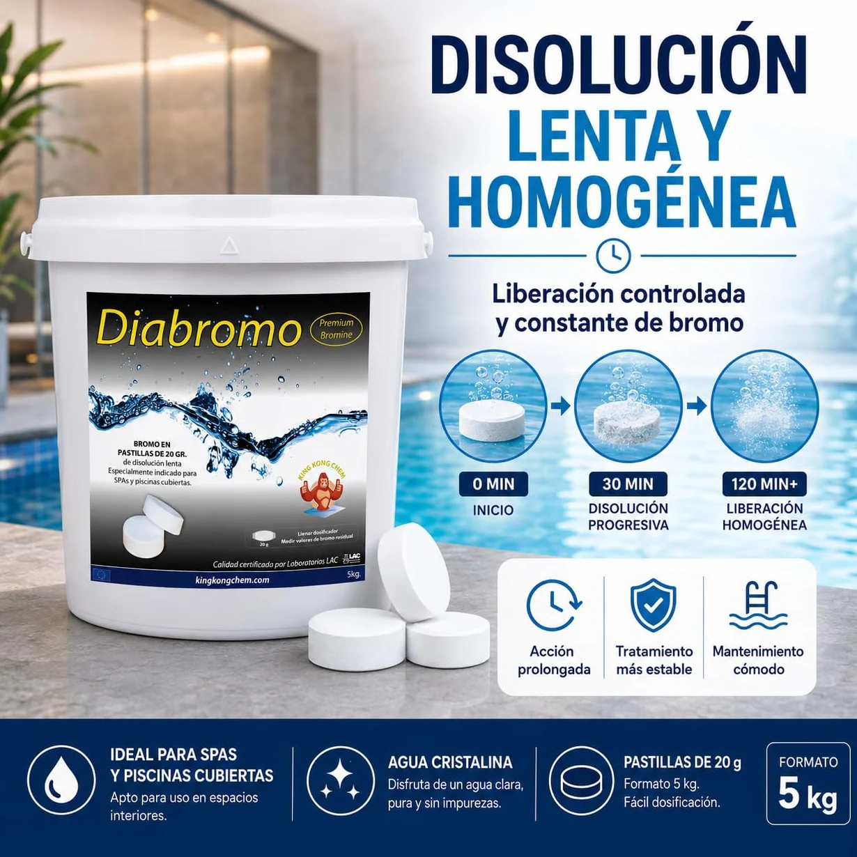 Diabromo 5 kg - Bromo Desinfectante para SPA y Piscinas Cubiertas - Pastillas de 20 Gramos