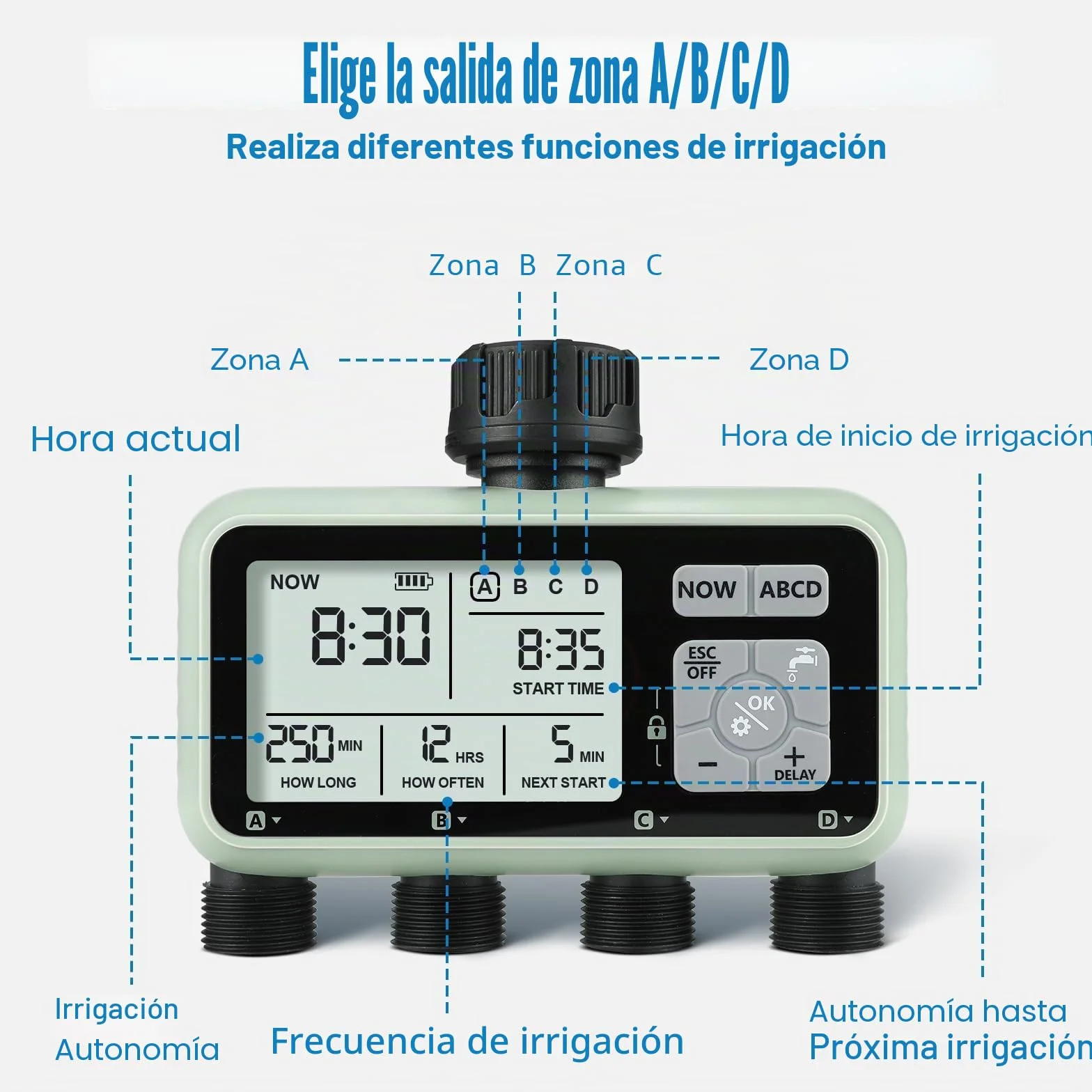 CROSOFMI Programador Riego Automatico Jardin Temporizador Riego con 4 Salidas Independientes Pantalla LCD/Operación fácil/Bloqueo para niños/Retraso por Lluvia intensa/Riego Manual
