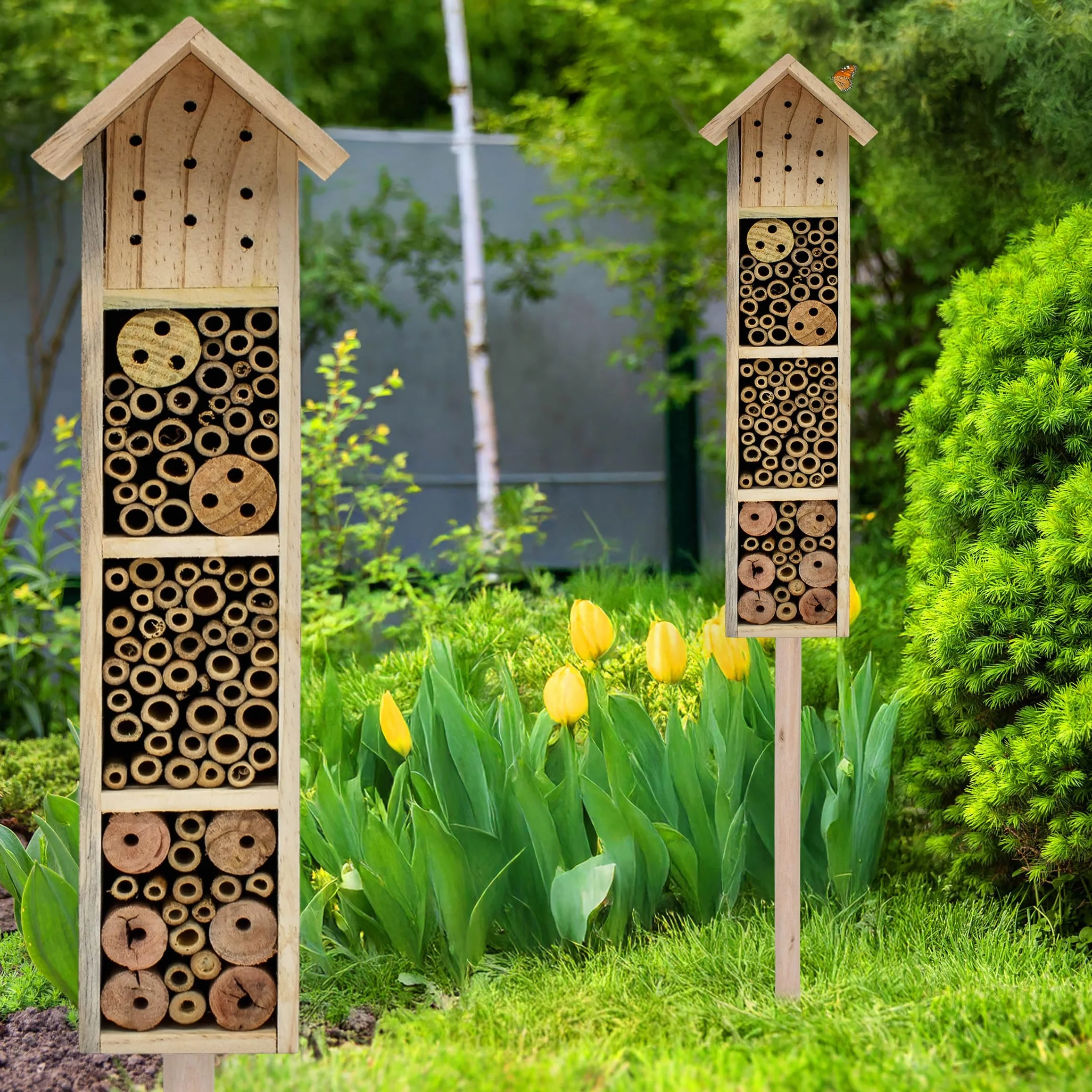 Hotel para insectos de madera con estaca – H 78 cm – Casa de insectos natural para colocar – Bienenhotel Hummelhaus Holzhaus Nisthilfe para abejas, abejas, crisopas, mariposa
