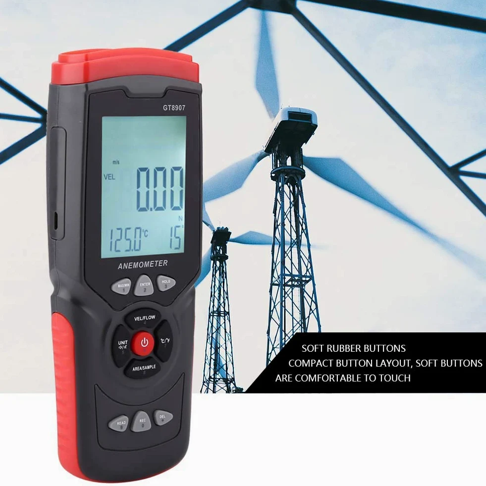 Anemómetro Medidor de Velocidad del Viento ±3% Medidas de Precisión Temperatura Humedad Volumen de Aire CFM CMM Retroiluminación Retención de Datos Apagado Automático para Drones Volando